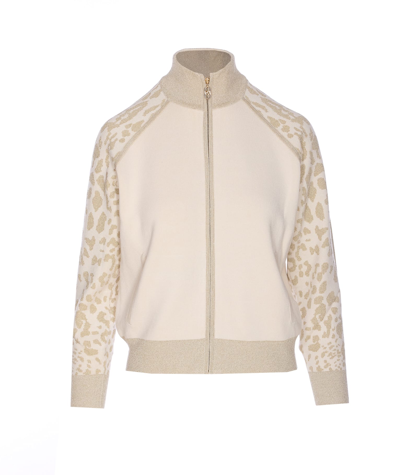 Liu •jo Liu Jo High Collar Zip-up Sweater With Subtle Leopard Print Detail In Neutral