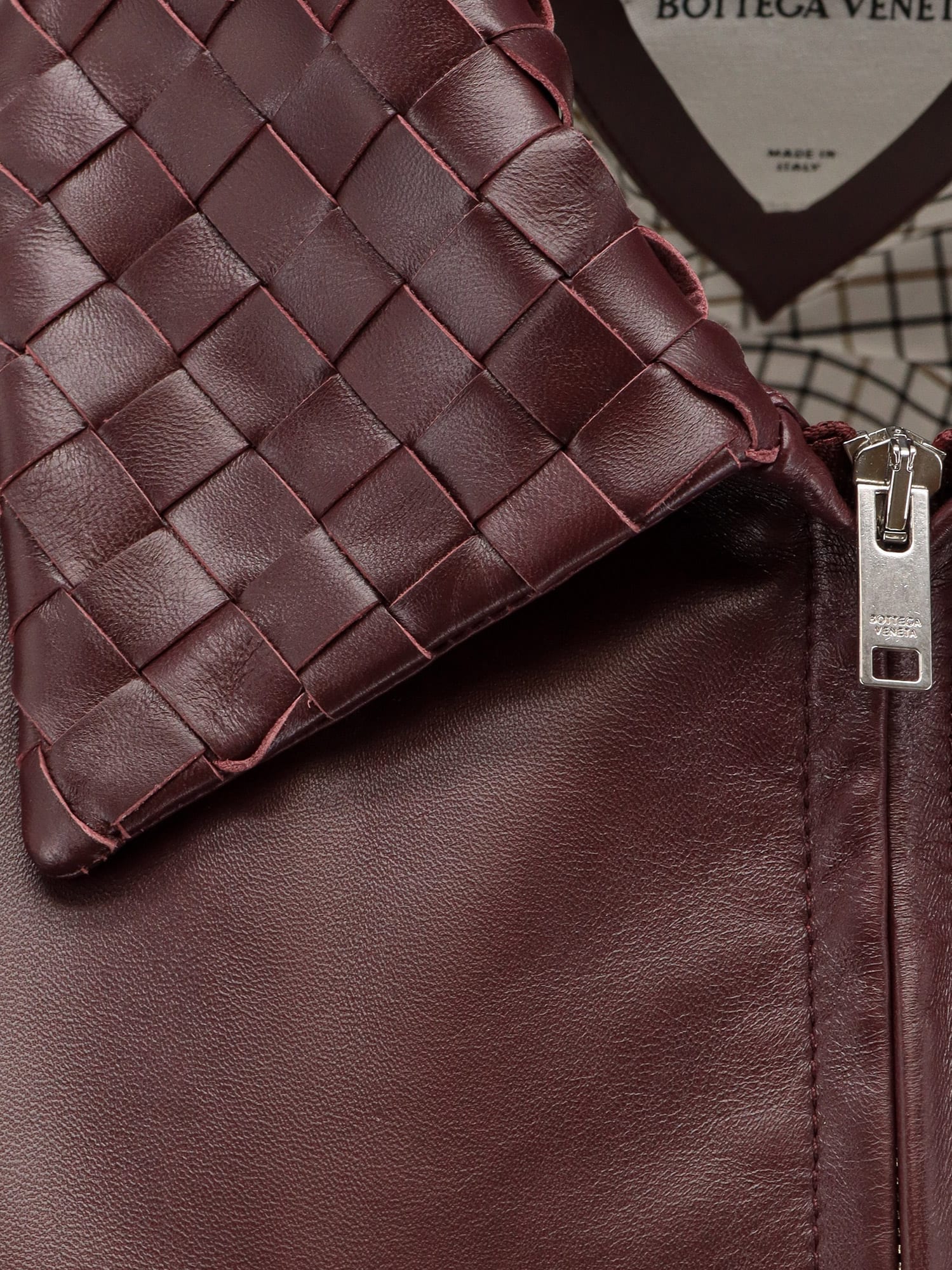 Bottega Veneta Leather Jacket With Intrecciato Motif Collar In Multi