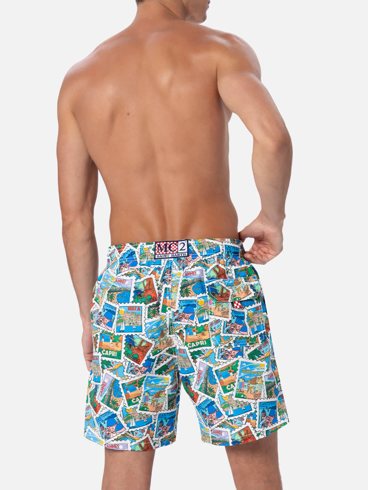 Shop Mc2 Saint Barth Man Mid-length Gustavia Swim-shorts With Postcard Mix Print Alessandro Enriquez Special Edition In White