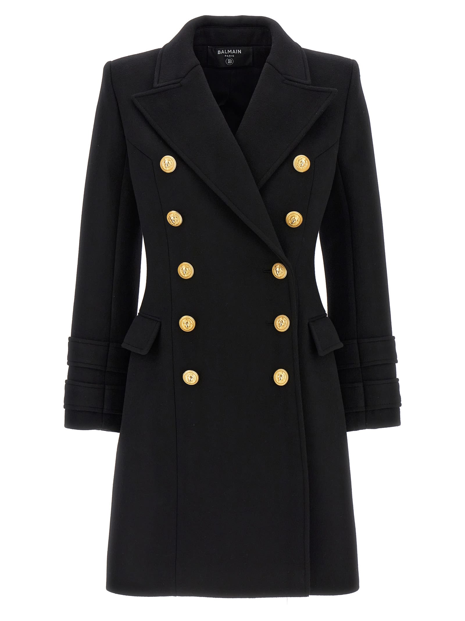 Shop Balmain Logo Button Double-breasted Coat In Black