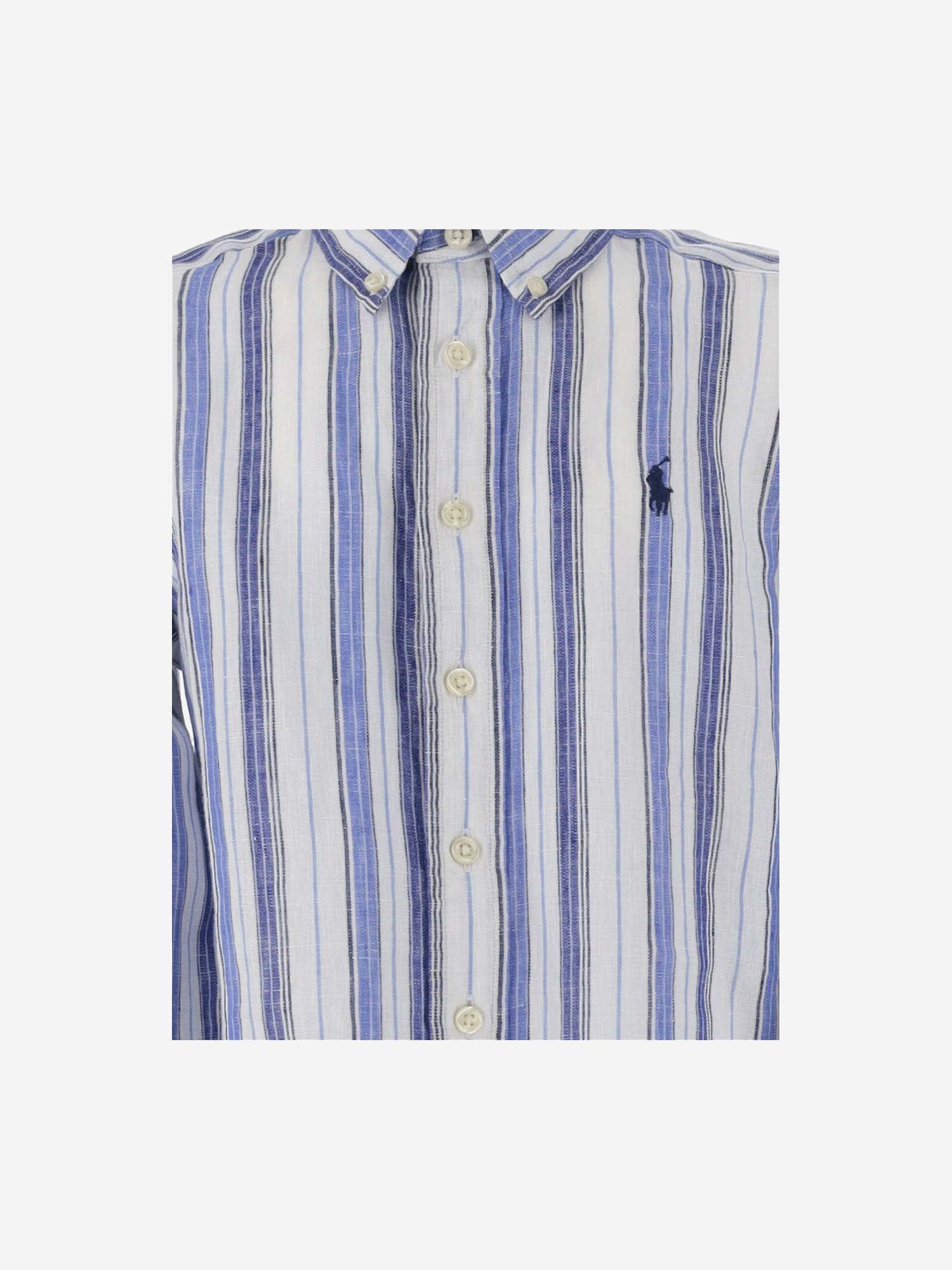 Shop Ralph Lauren Striped Linen Logo Shirt In Blu