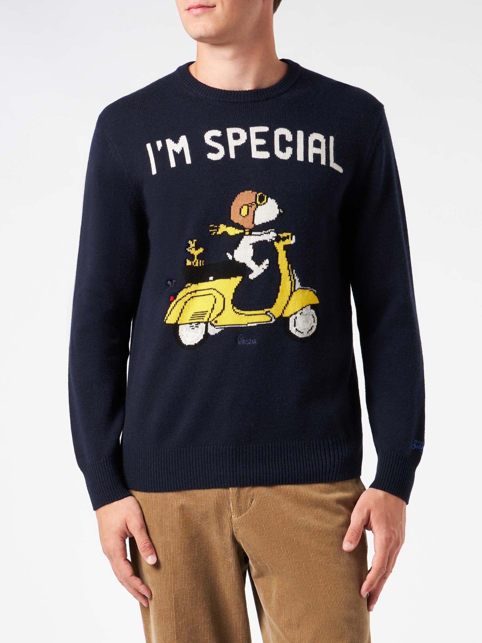 Shop Mc2 Saint Barth Man Crewneck Sweater With Snoopy Scooter Jacquard Print Snoopy - ©peanuts Special Edition In Blue