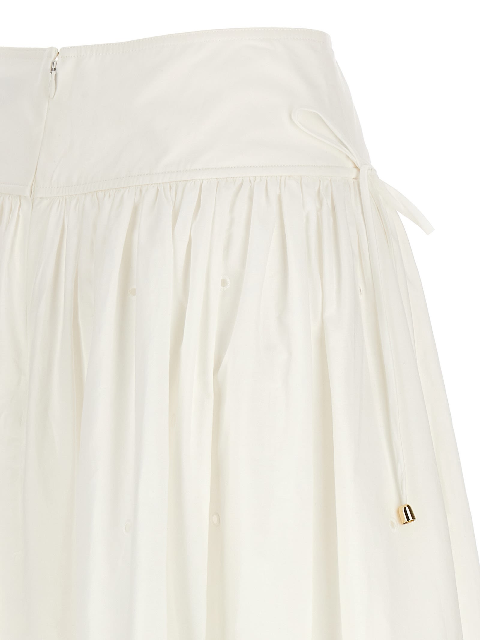 Self-portrait White Midi Skirt With Side Gathered Details And All-over Embroidery In Cotton Woman In White