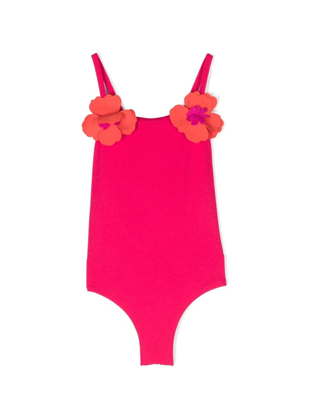 Shop Il Gufo One-piece Swimsuit With Applied Flowers In Strawberry And Orange In Pink