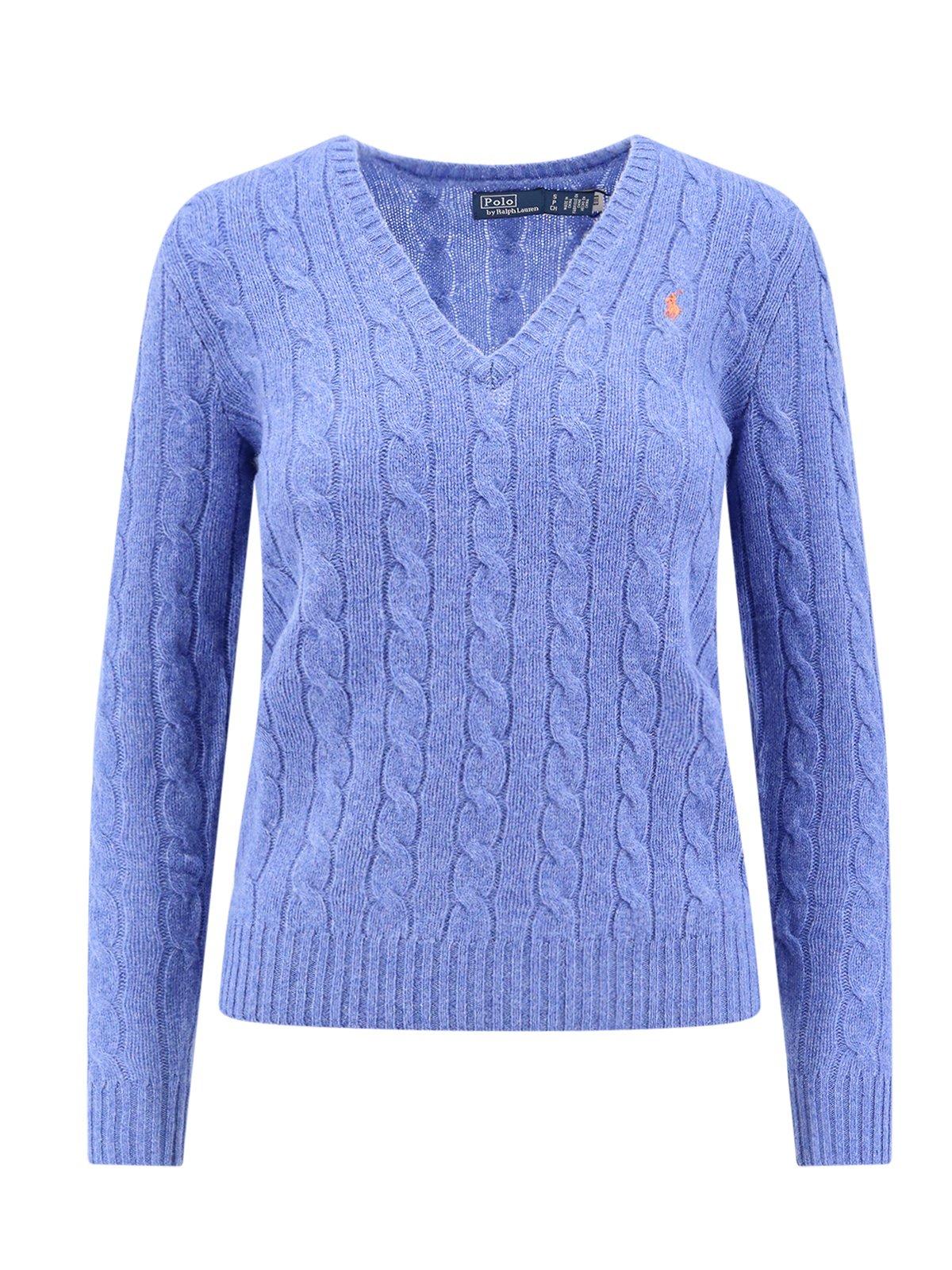 Shop Polo Ralph Lauren Cable Knit V Neck Jumper In Blue