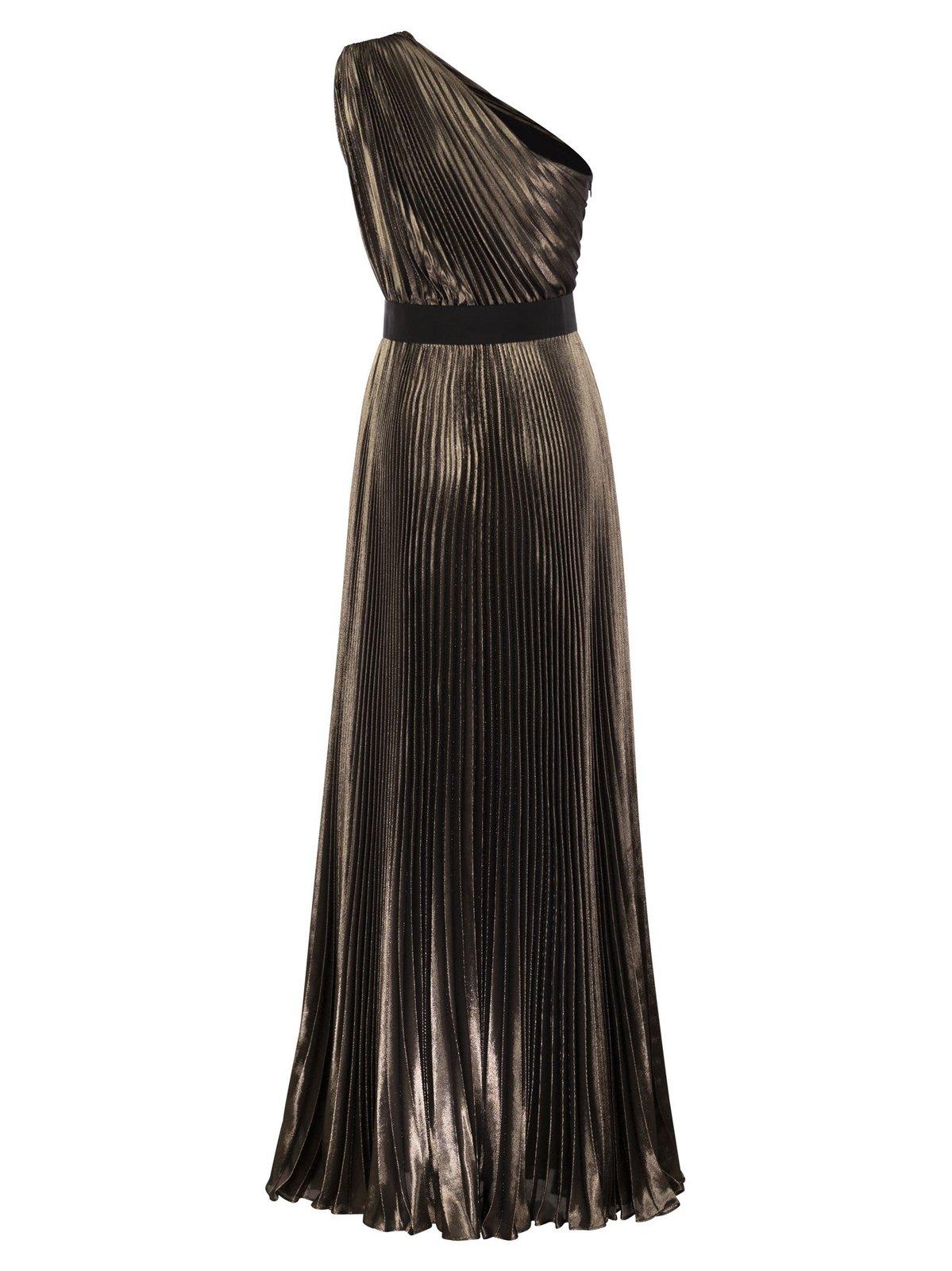 Shop Max Mara One-shoulder Pleated Dress In Brown