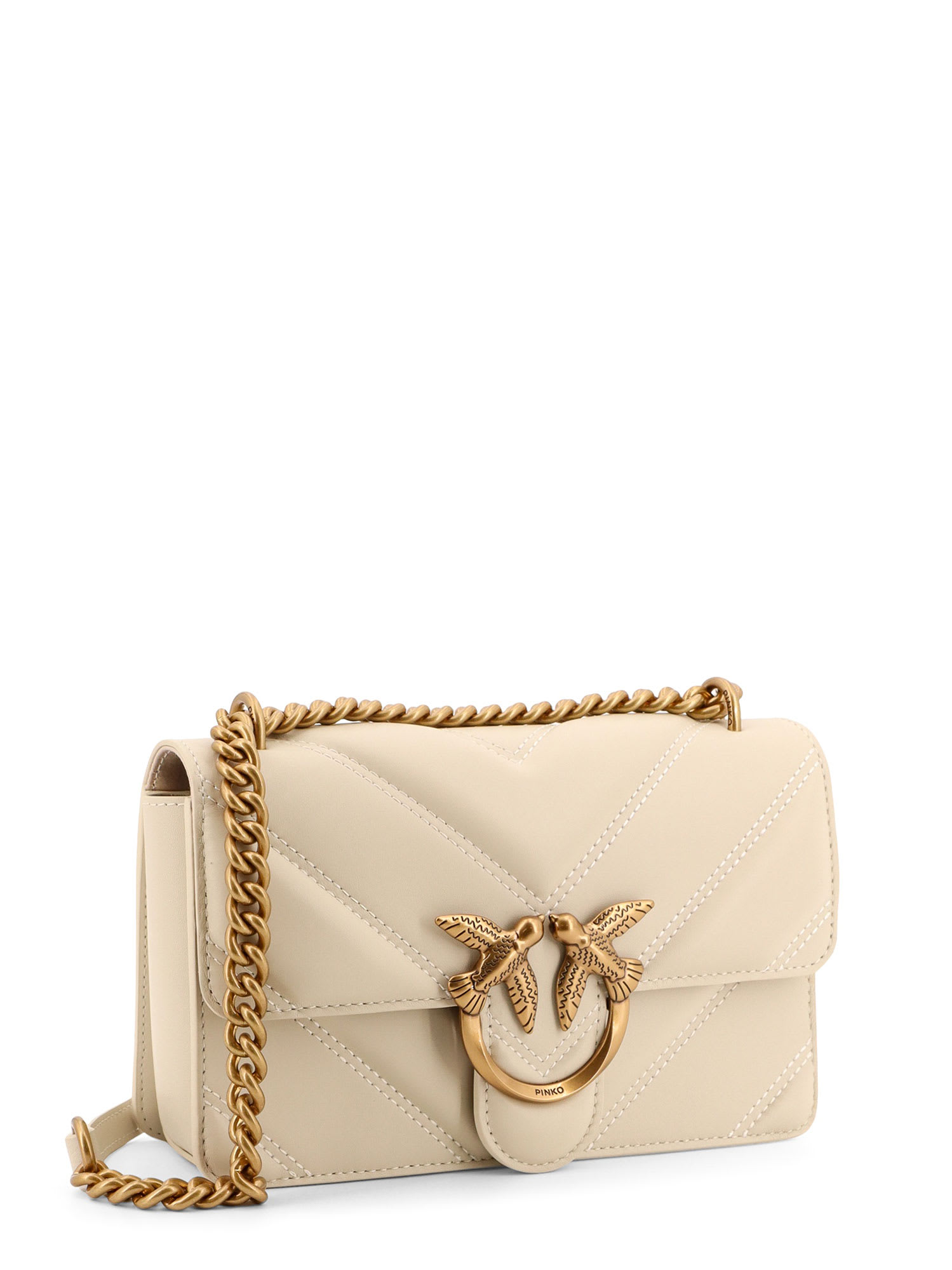 Pinko Matelassé Leather Shoulder Bag With Love Birds Buckle In White
