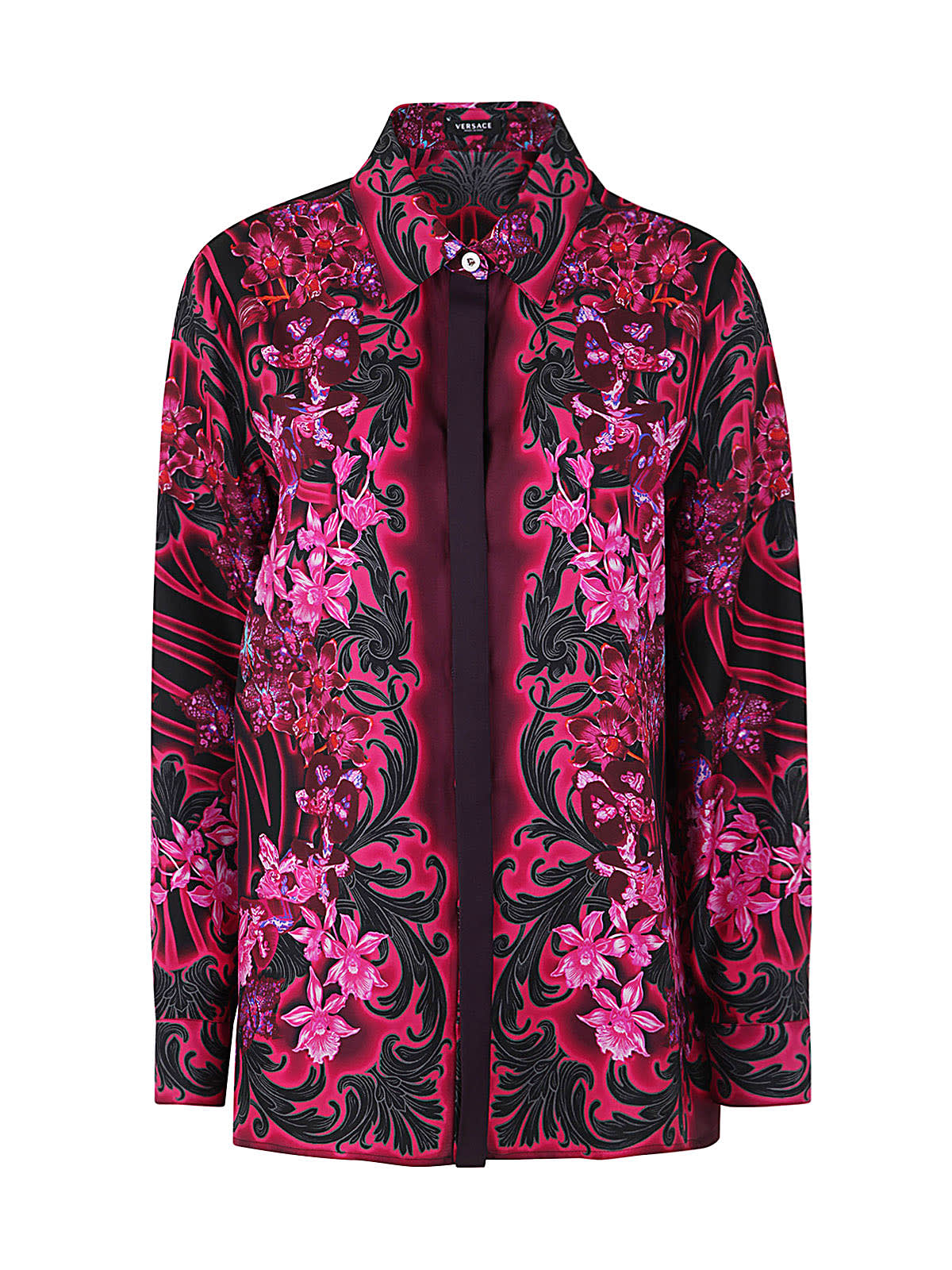 Versace Silk Twill Orchids Print Formal Shirt In Black Tropical Pink