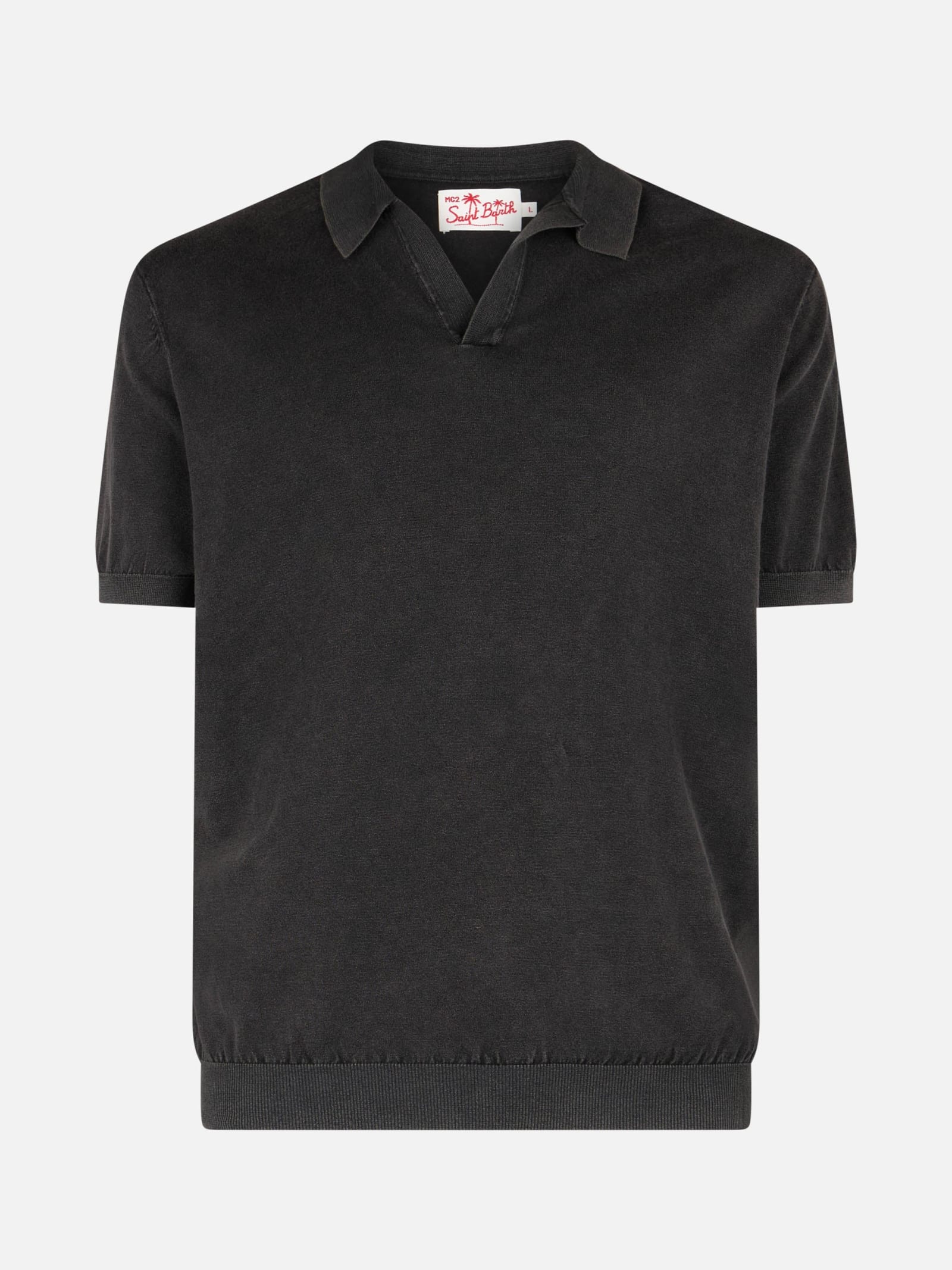 Mc2 Saint Barth Man Black Knit Polo Shirt Sloan With Vintage Treatment Effect In Black