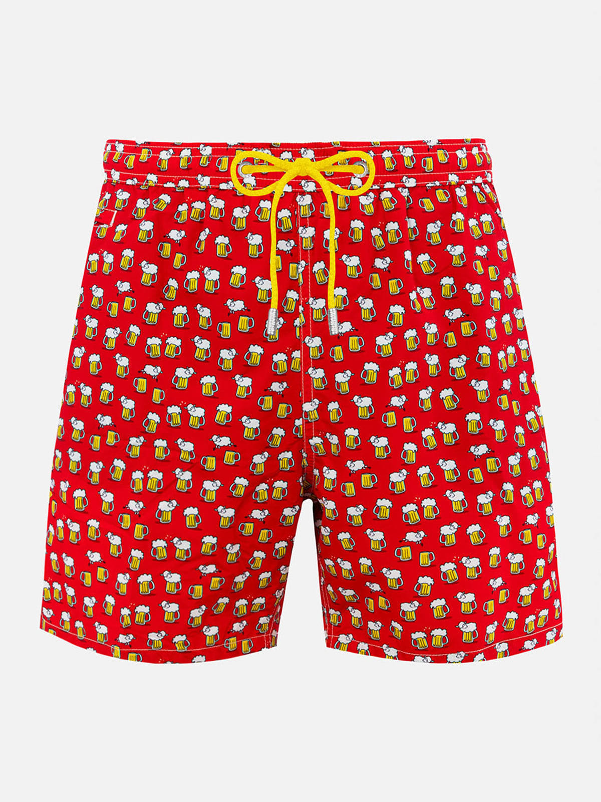Mc2 Saint Barth Man Lightweight Fabric Swim-shorts Lighting Micro Fantasy With Beer Print In Red