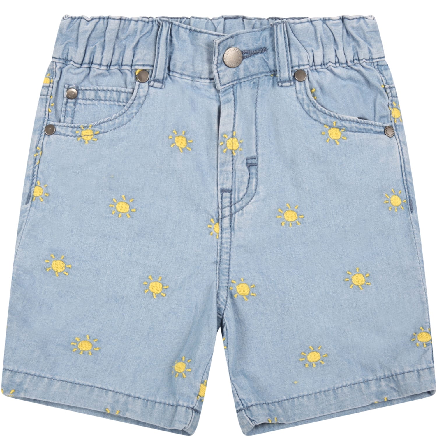 Stella McCartney Kids Light-blue Shorts For Baby Girl With Embroidered Yellow Sun