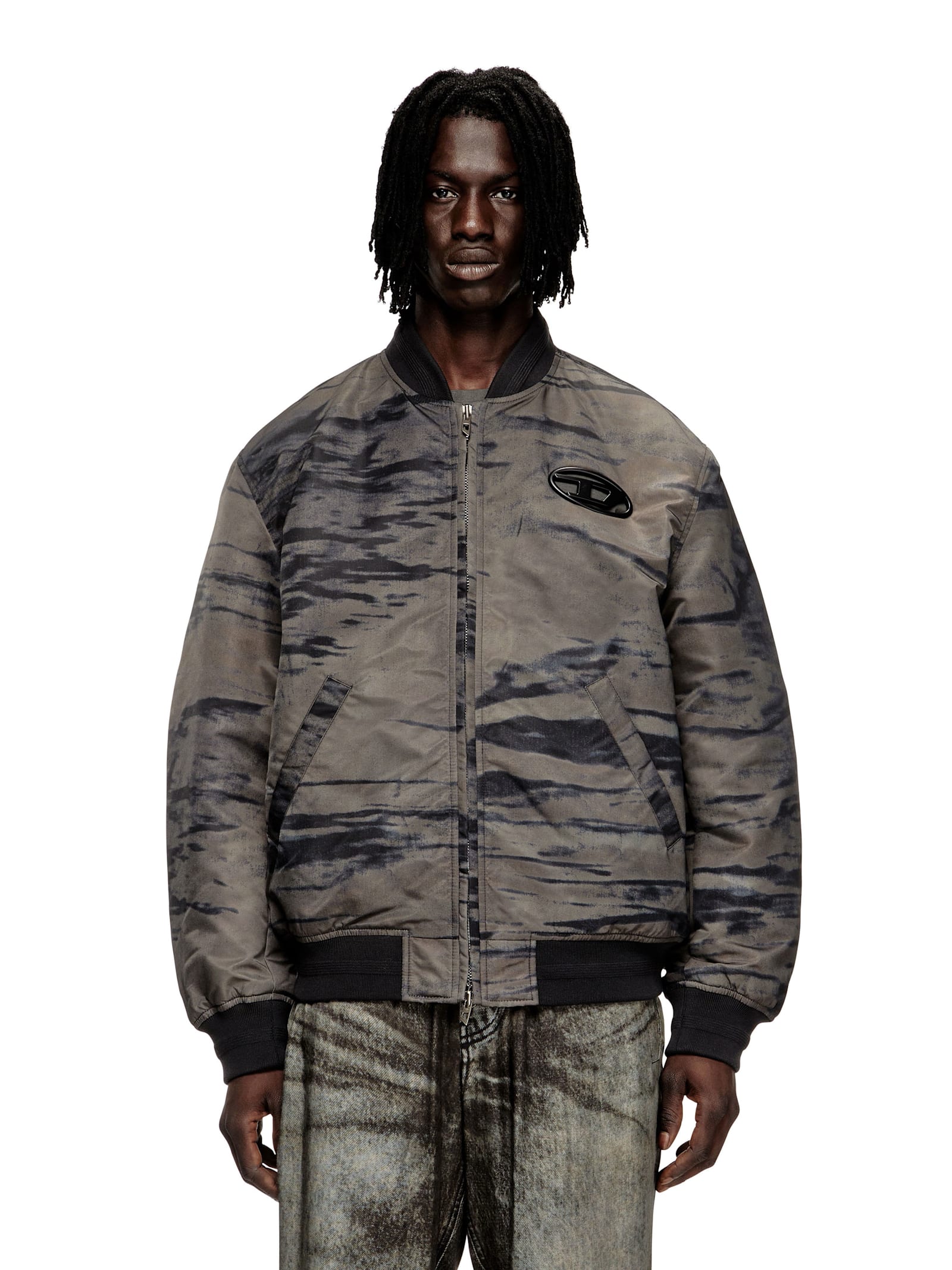 Diesel Padded Bomber Jacket In Printed Satin In Black