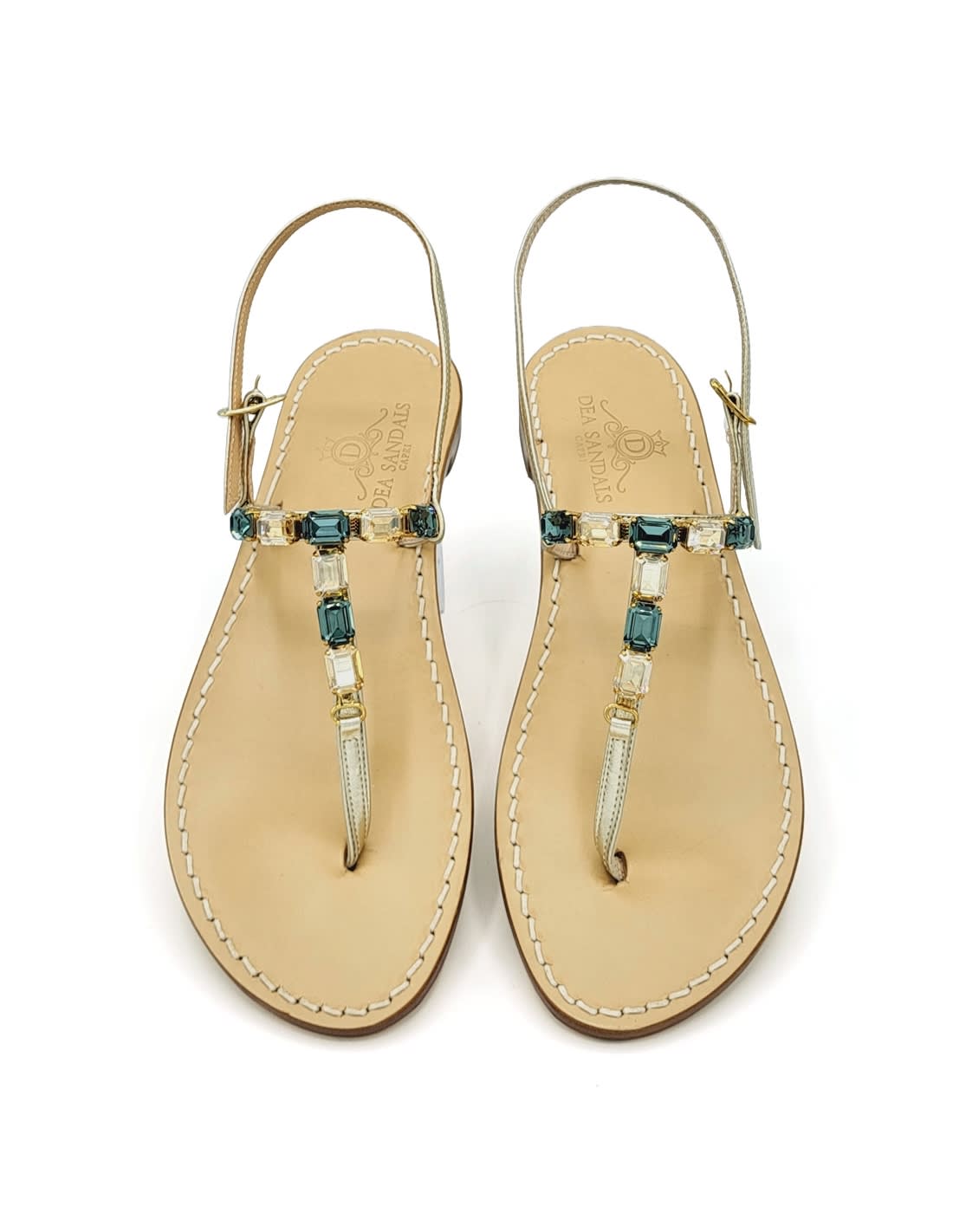 Dea Sandals Sibilla Green Amber Jewel Sandals In Platinum Gold Laminated, Petrol, Amber