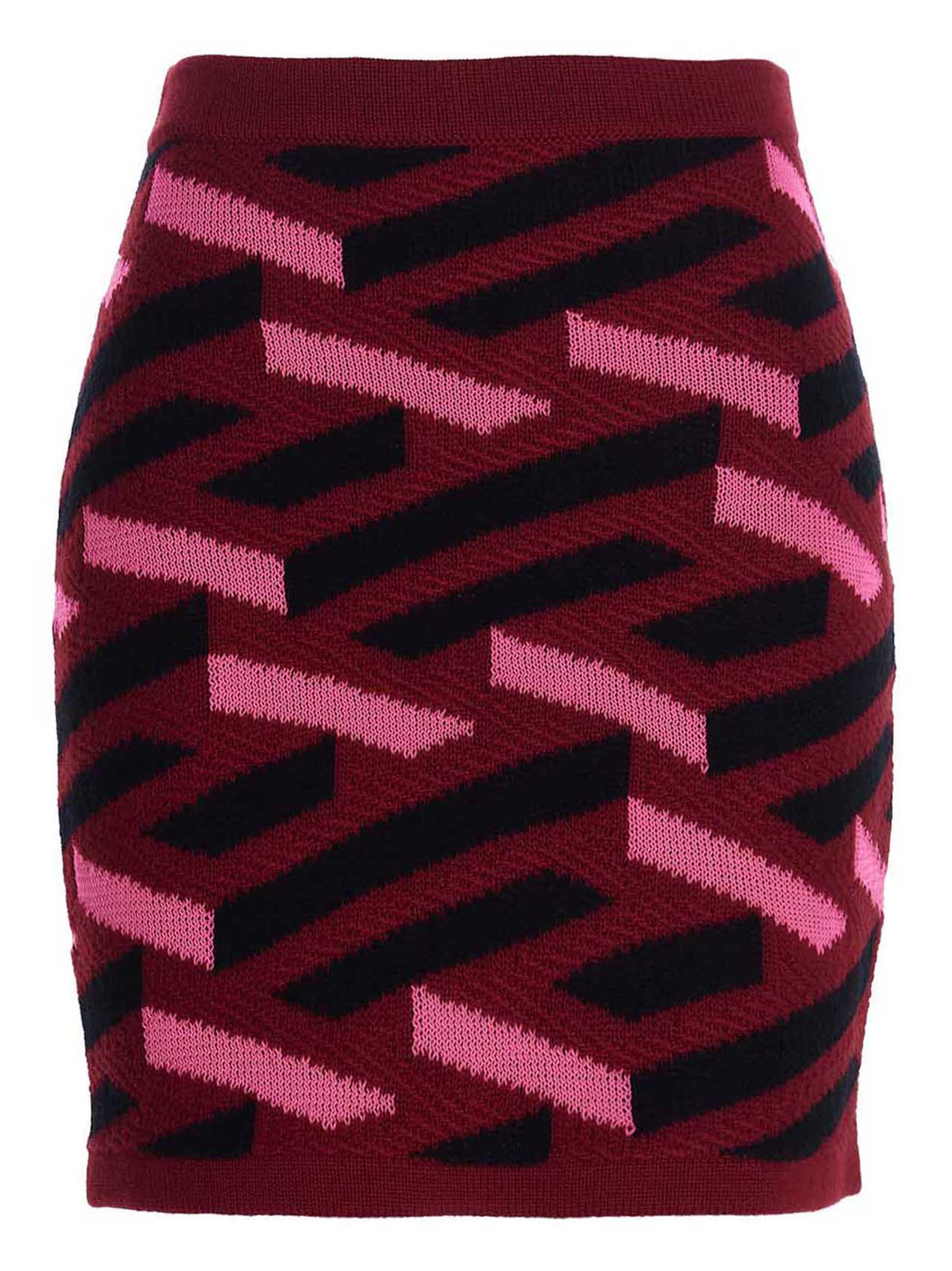 Versace La Greca Motif High Waist Mini Knit Skirt In Parade Red/fuxia