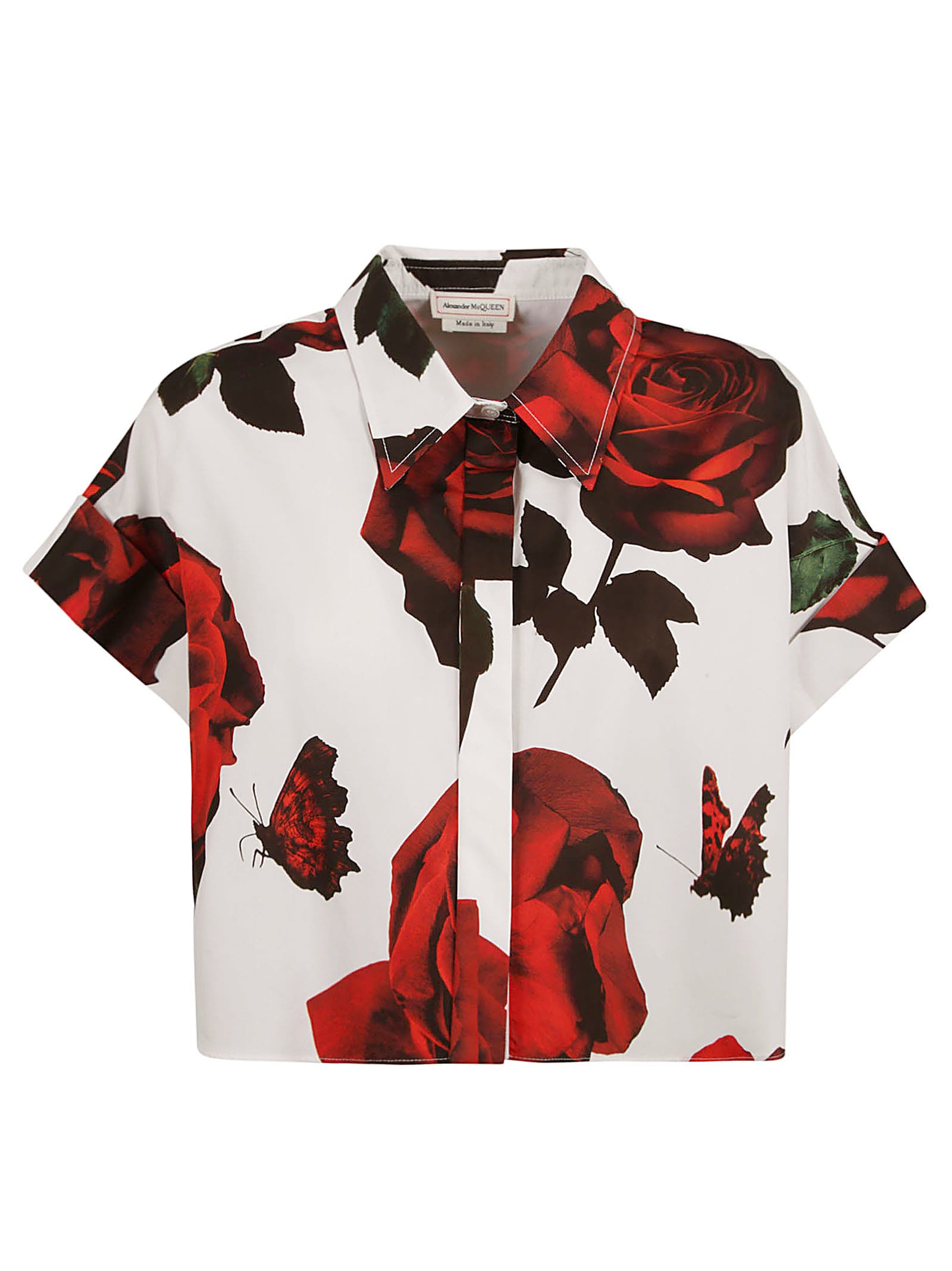 Shop Alexander Mcqueen Floral Cropped Oversize Shirt In Optical White