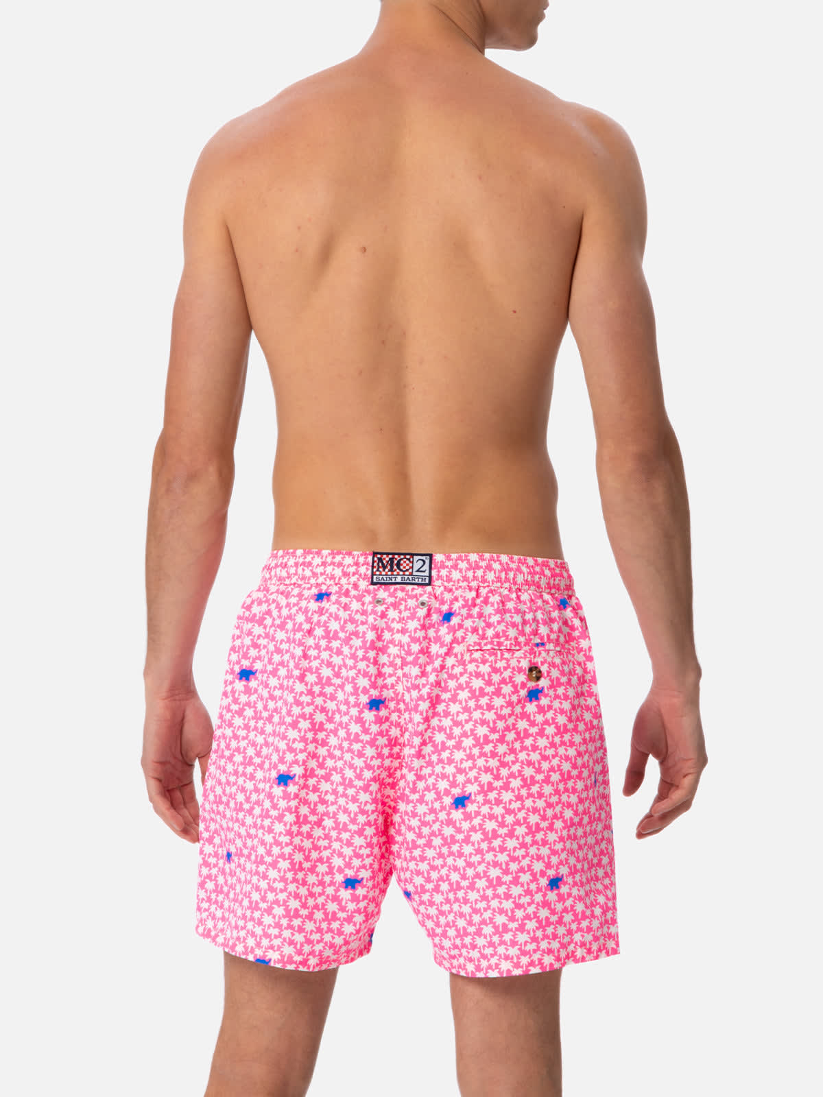 Mc2 Saint Barth Man Lightweight Fabric Swim-shorts Lighting Micro Fantasy With Palms Print In Pink