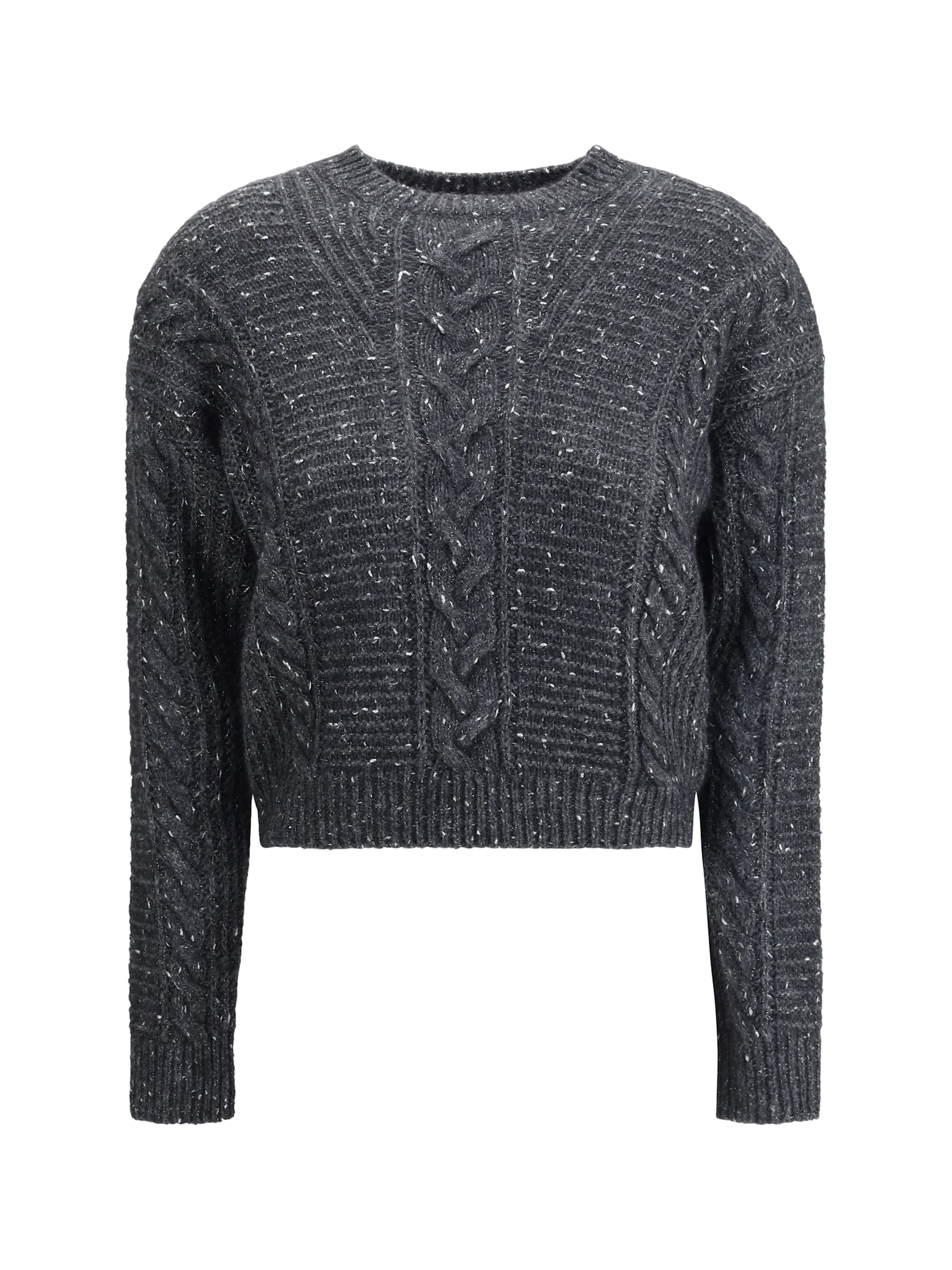 Max Mara Cropped Boxy Sweater In Alpaca-blend Yarn Interwoven With Metallic Fibers In Black