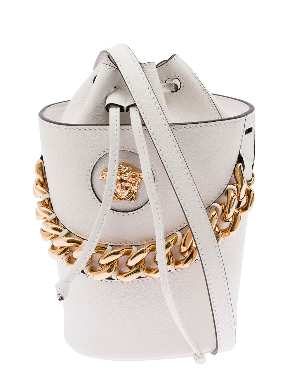 Versace Womans White Leather Bucket Bag With Chain Detail