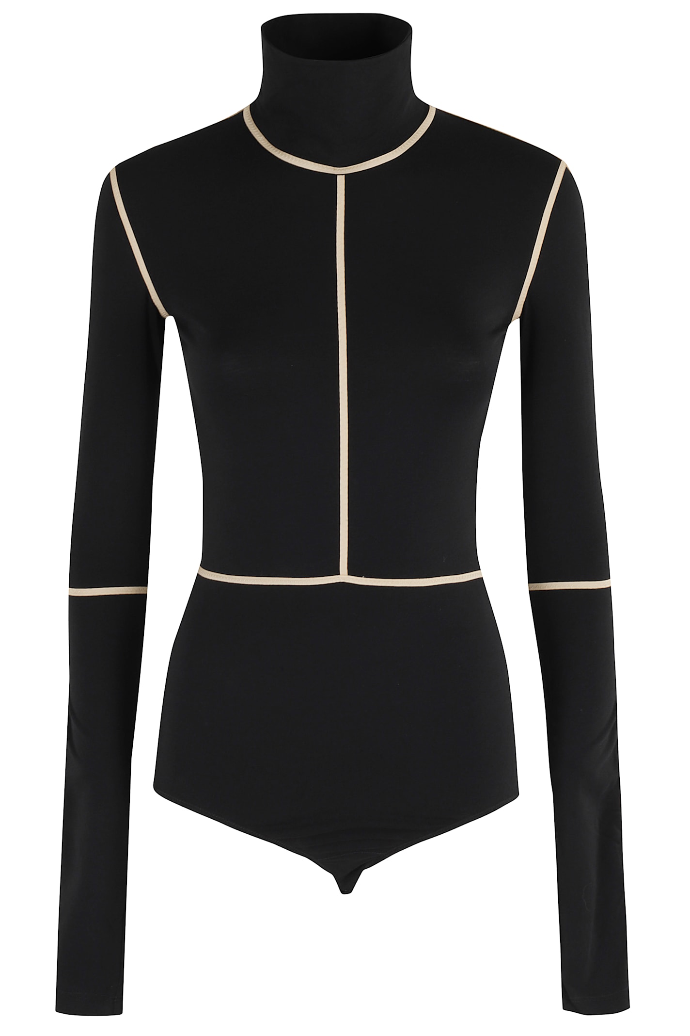 Mm6 Maison Margiela Mm6 By Maison Margiela High Neck Bodysuit With Contrasting Beige Piping In Black