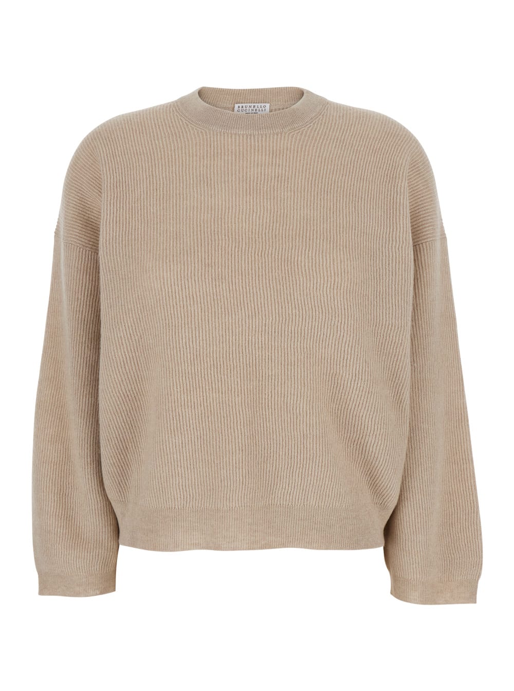 Brunello Cucinelli Grey Crewneck Sweater With Dropped Shoulders In Wool And Cotton Blend Woman In Grey