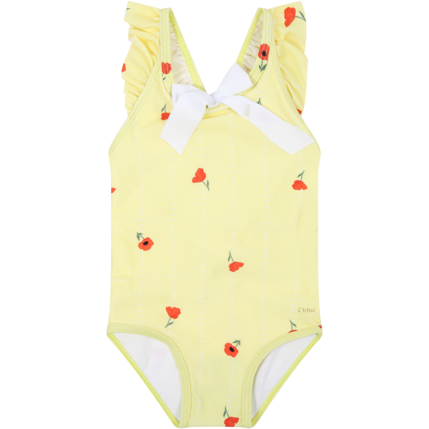 Chloé Yellow Swimsuit For Baby Girl With Red Flowers
