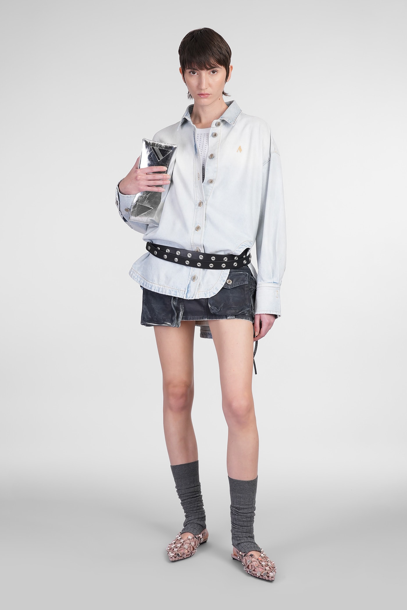 Attico Denim Overshirt With Slit Detail In Blue