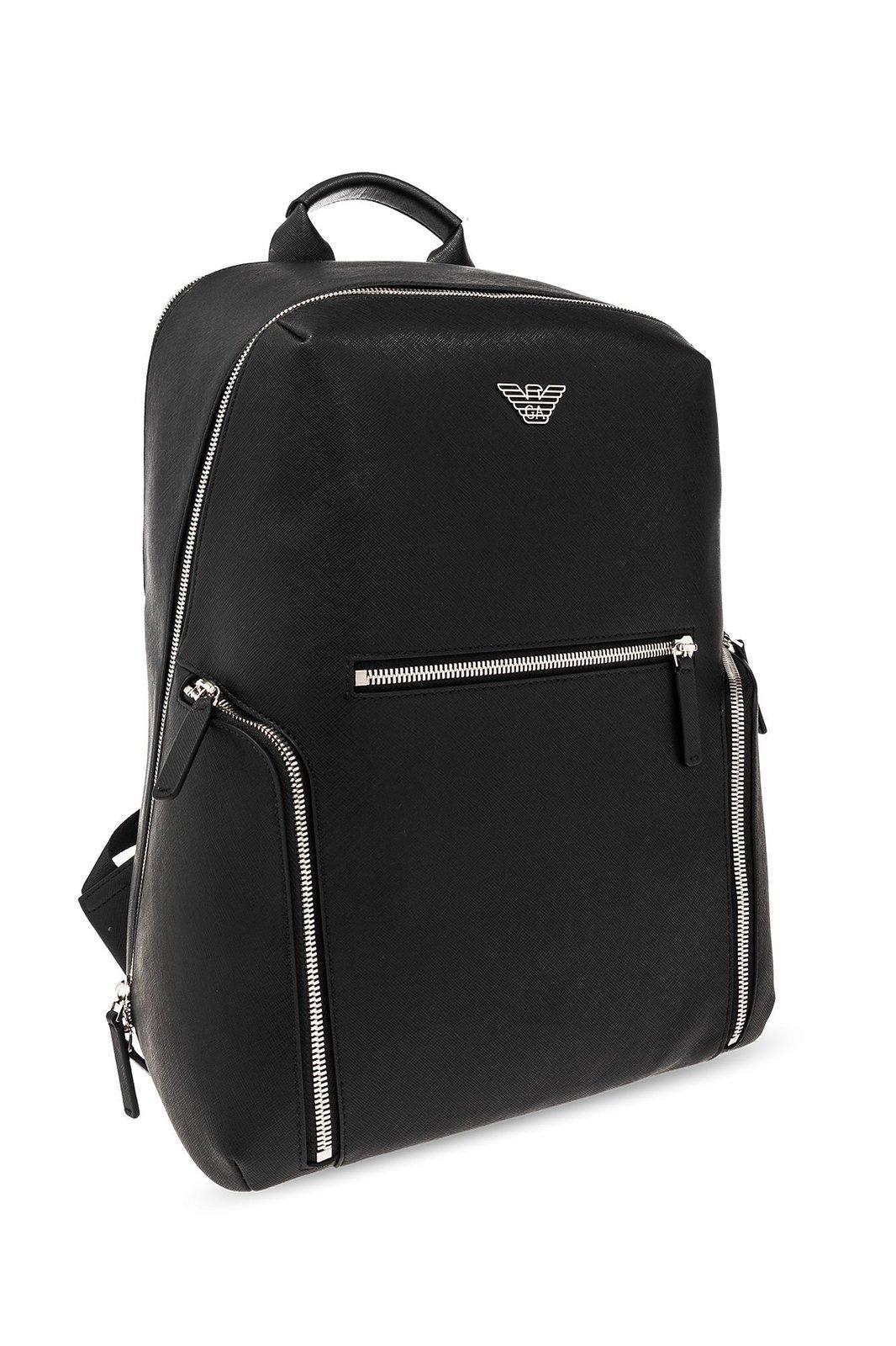 Shop Giorgio Armani Logo Plaque Zipped Backpack  In Black