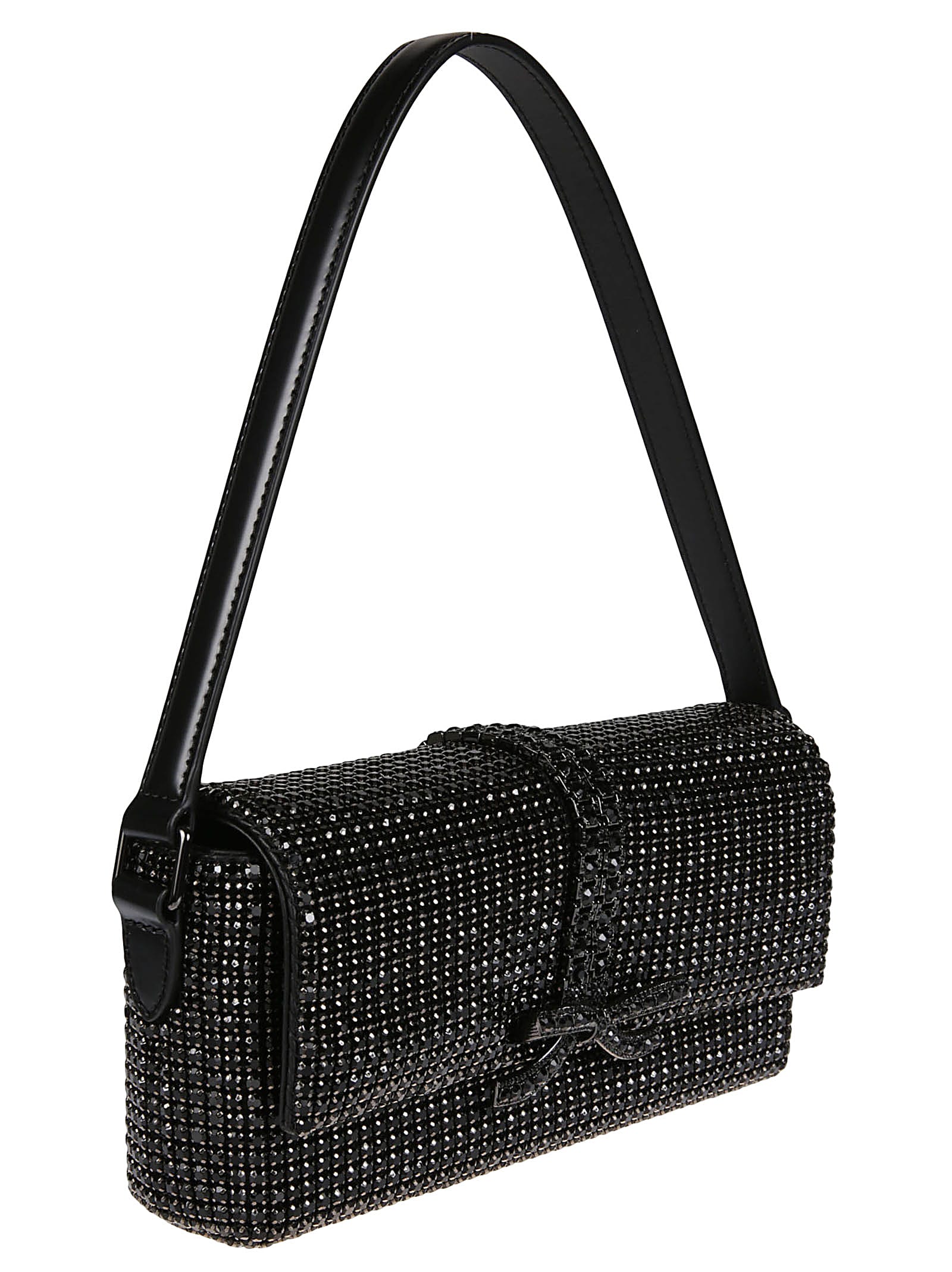 Shop Self-portrait Rhinestone Chainmail Baguette Bag In Black