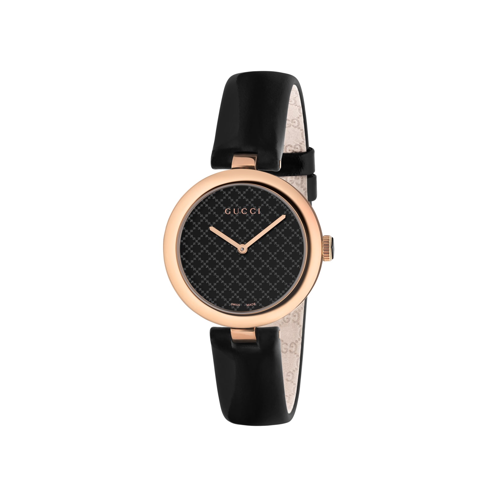 GUCCI ROSE GOLD AND BLACK PVD CASE WITH BLACK LACQUERED DIAMANTE PATTERN DIAL, BLACK LEATHER STRAP WATCHES