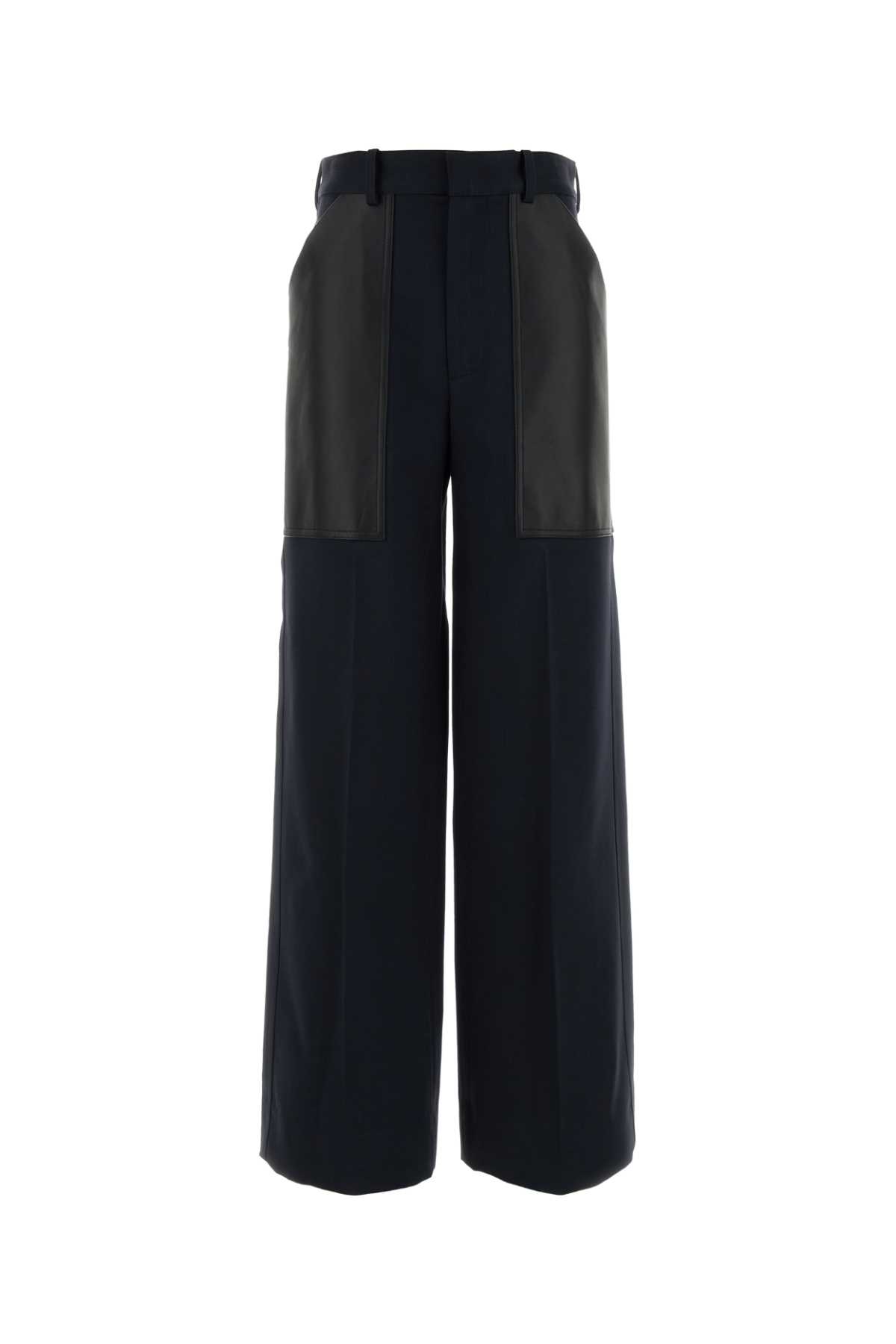 Bottega Veneta Women Blue Wide Leg Trousers With Two Leather Pockets On The Front In Wool And Cotton In Black