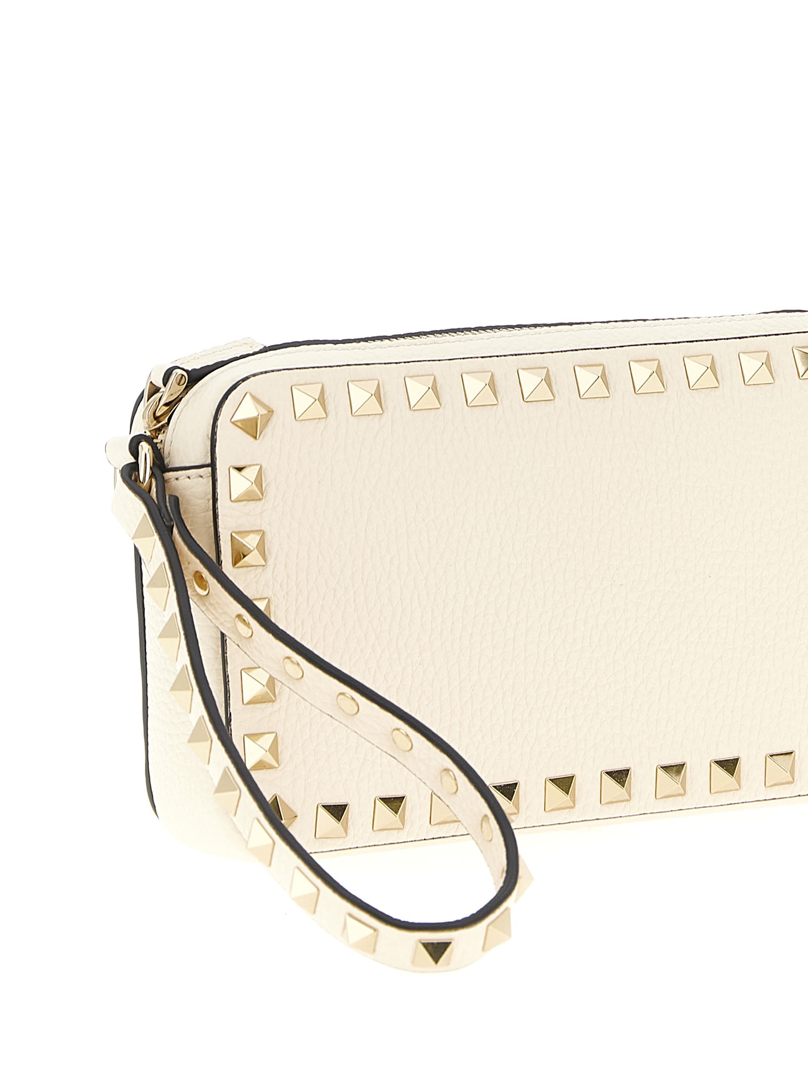 Valentino Rockstud Rectangular Clutch Bag With Wrist Strap In Neutral