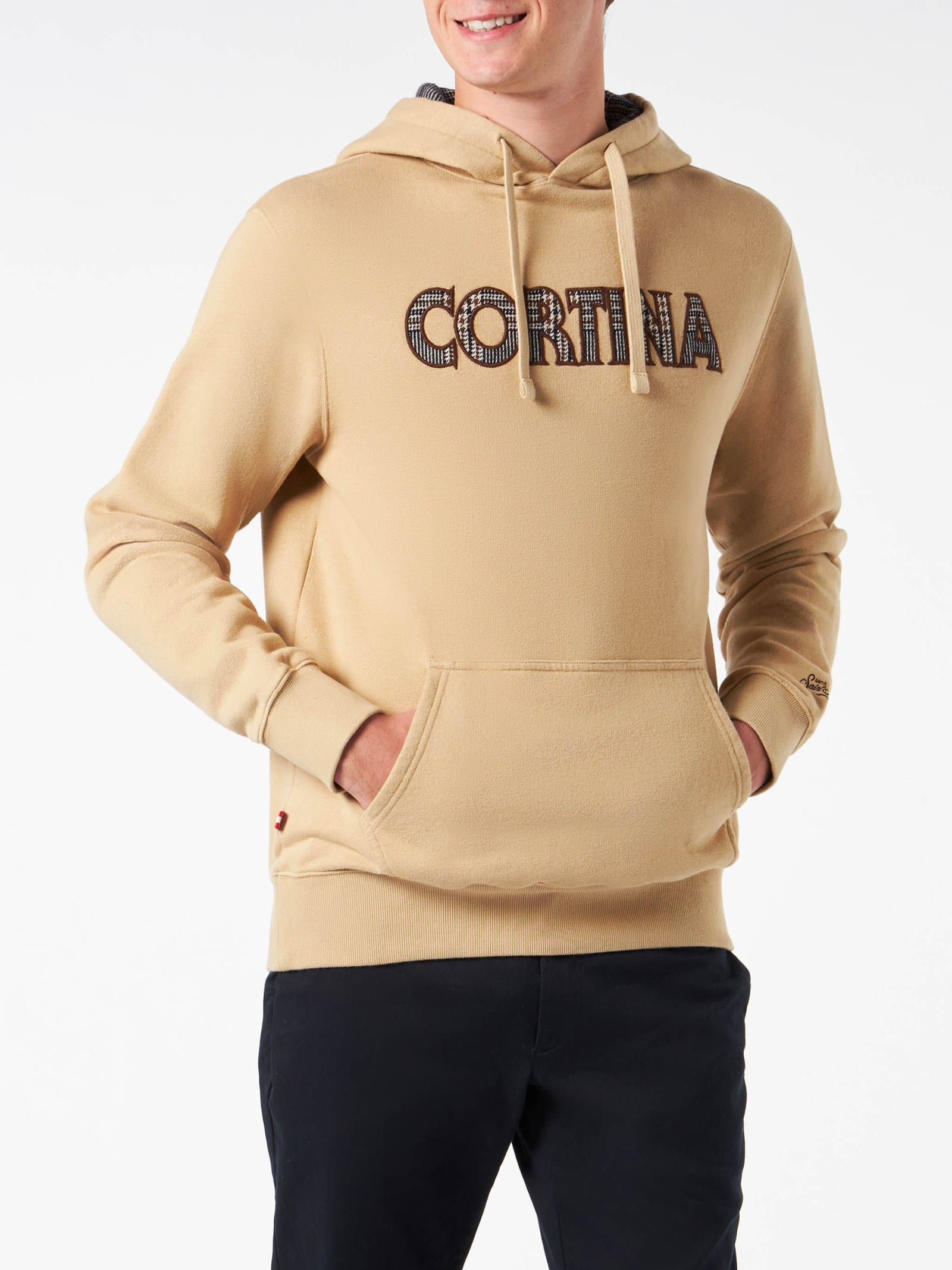 Shop Mc2 Saint Barth Man Beige Hoodie With Cortina Patch In Green