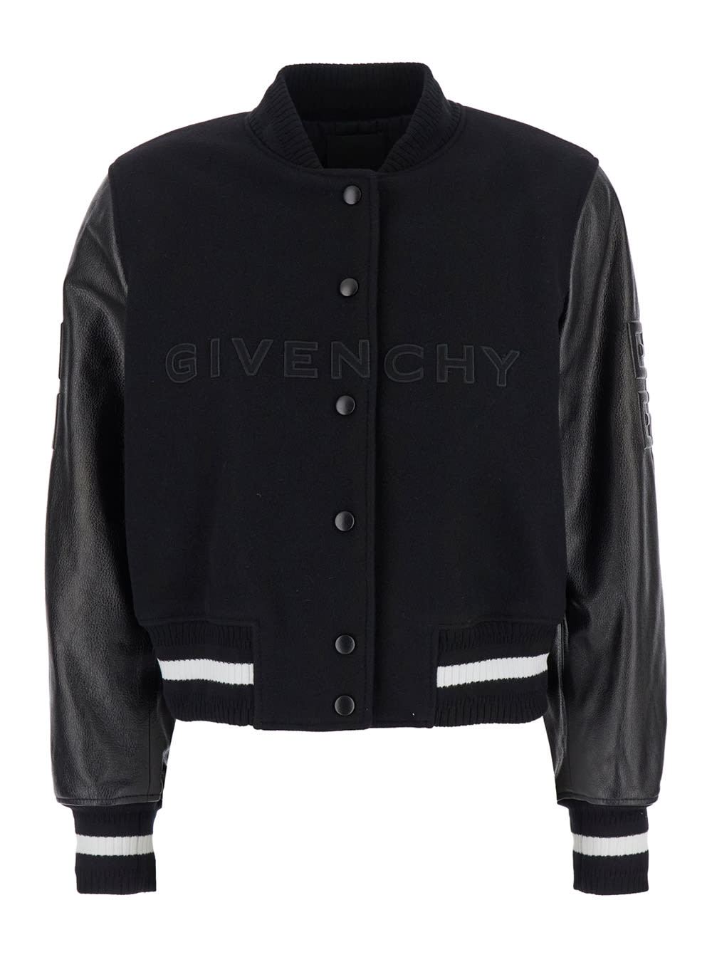 Shop Givenchy Black Bomber Jacket With Leather Sleeves In Wool Blend Woman