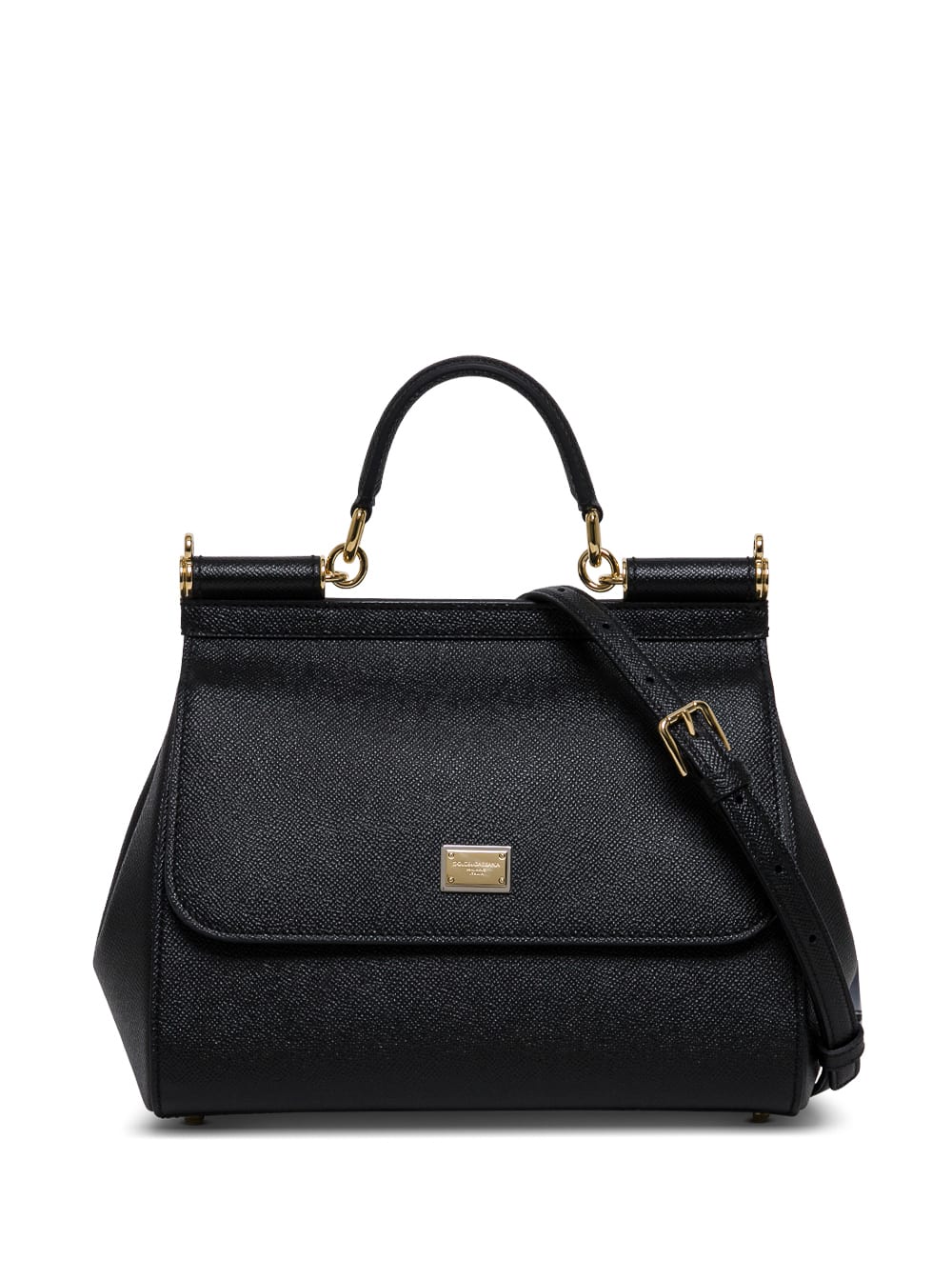 Dolce & Gabbana Womans Sicily Medium Black Hammered Leather Handbag With Logo