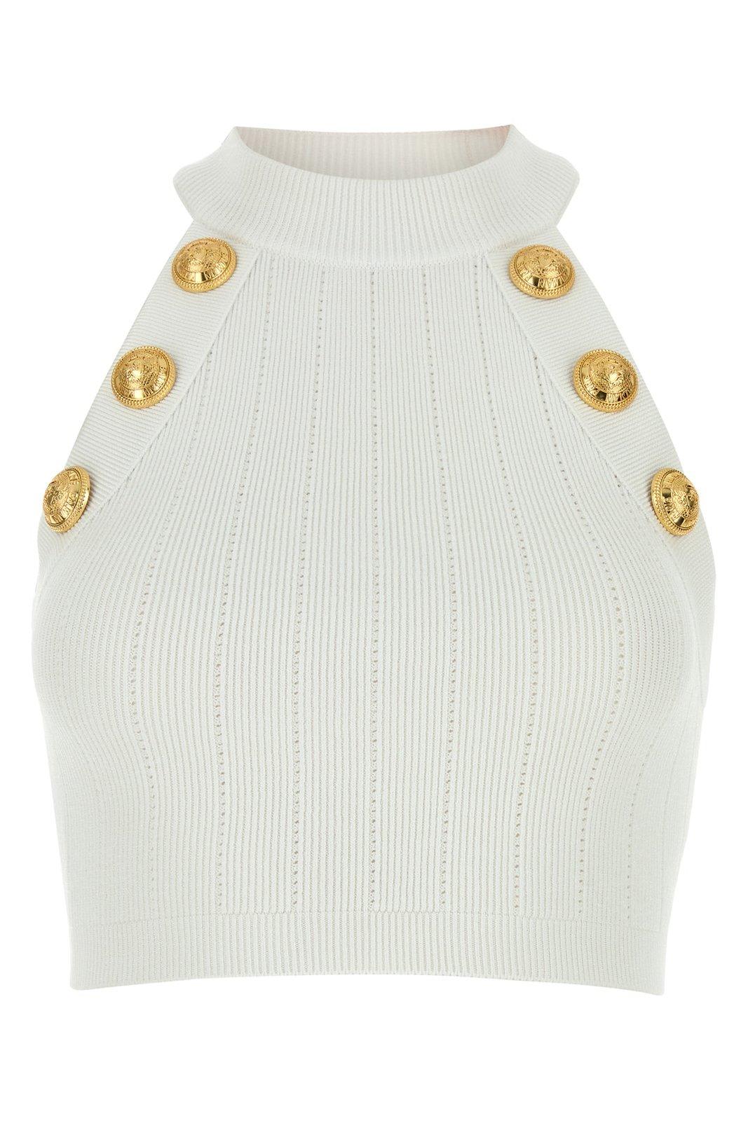 Balmain 6-button Knit Halterneck Top In White