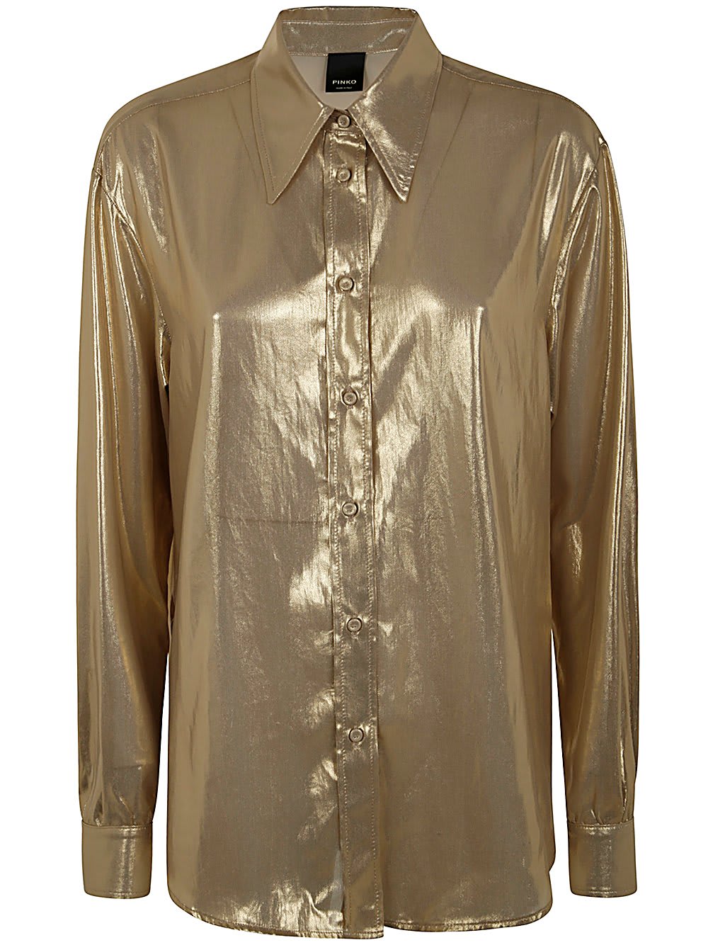 Shop Pinko Foiled Curved Hem Shirt In Beige