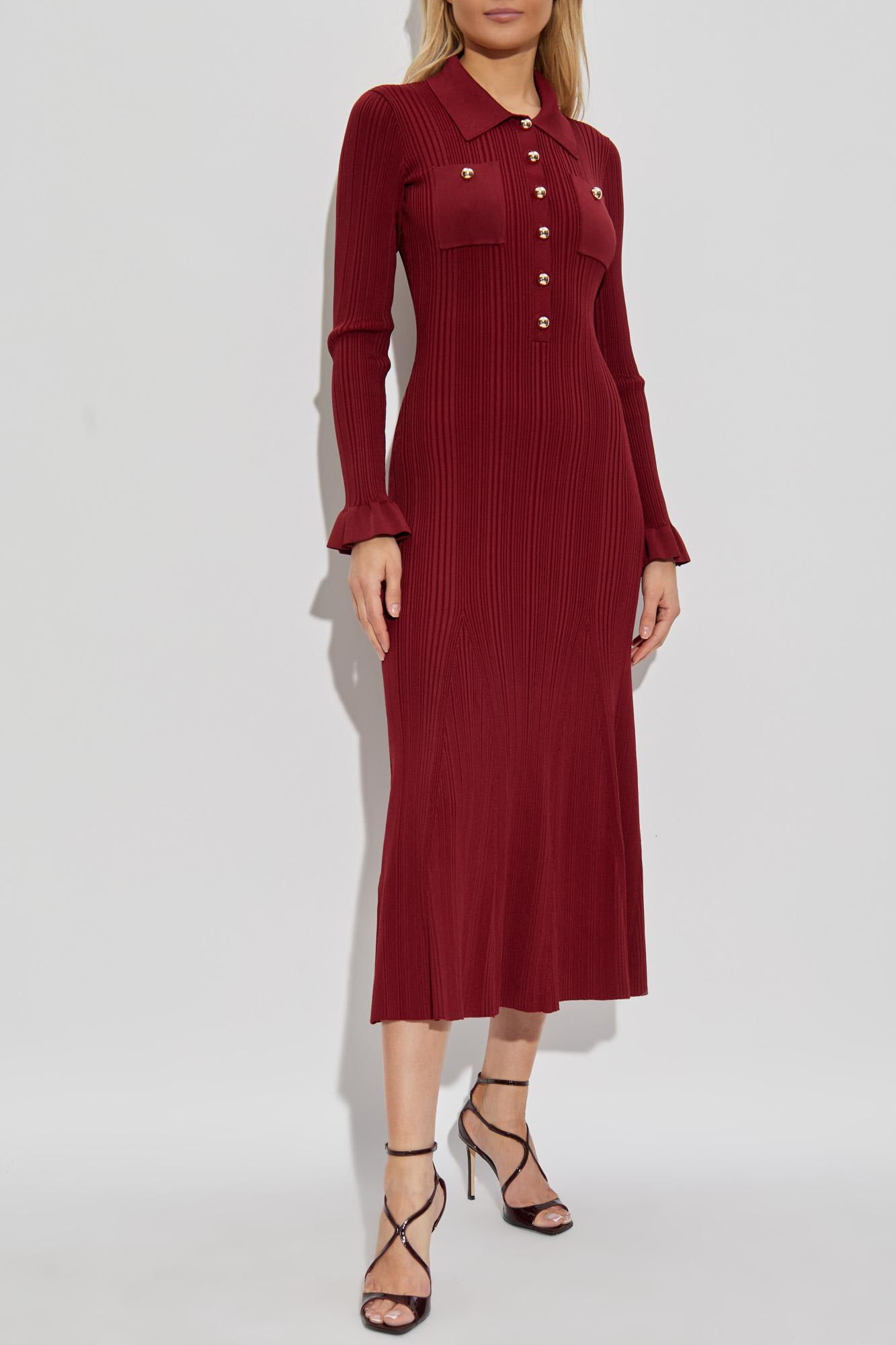 Self-portrait Button-embellished Ribbed-knit Midi Dress In Burgundy