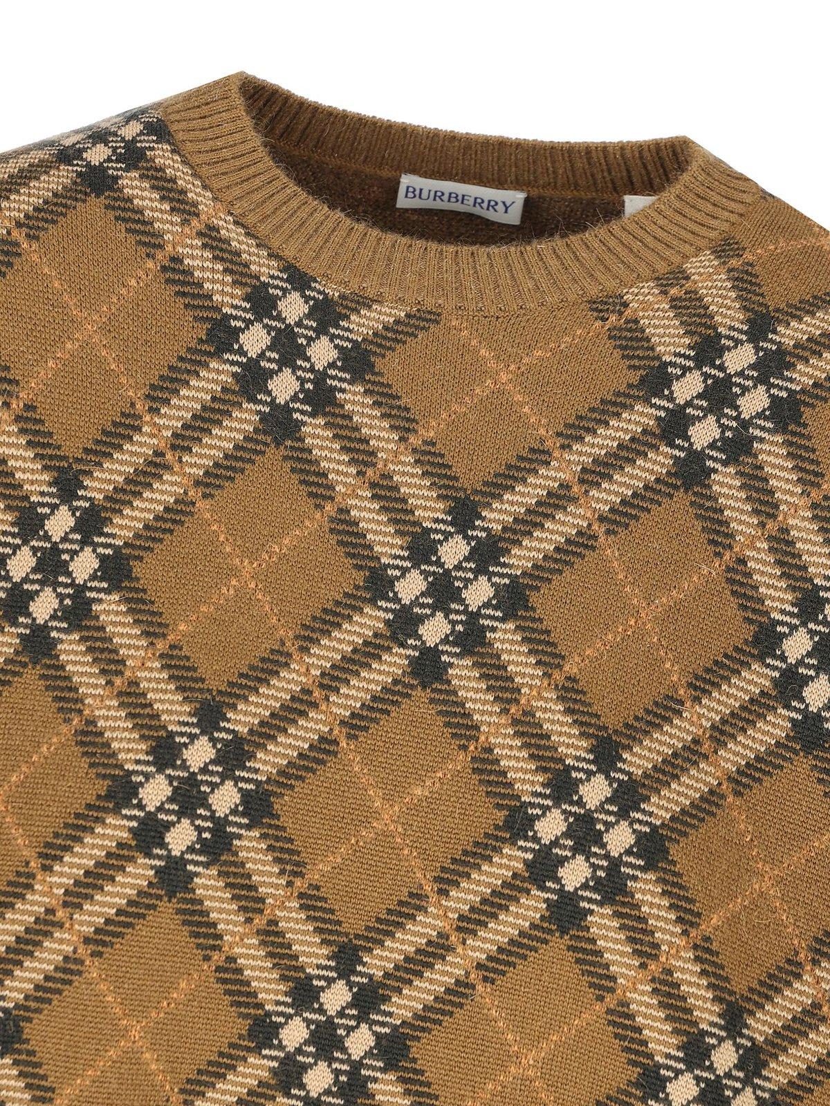 Shop Burberry Checked Knitted Crewneck Jumper In Shrew Ip Chek