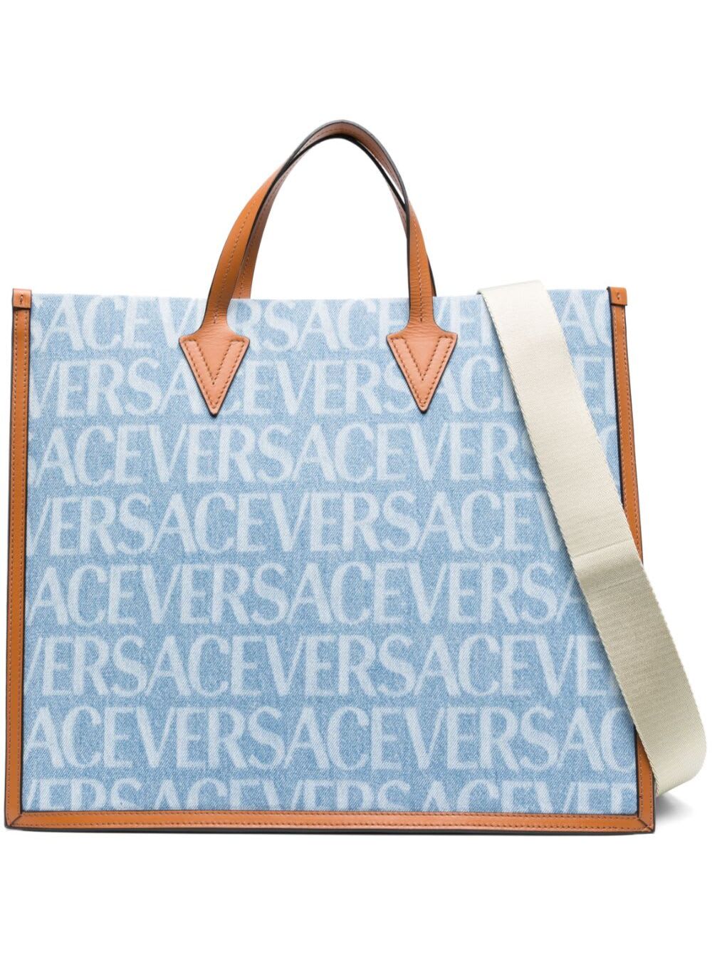 Shop Versace Tote Bag With All-over Logo Print In Light Blue Canvas Man