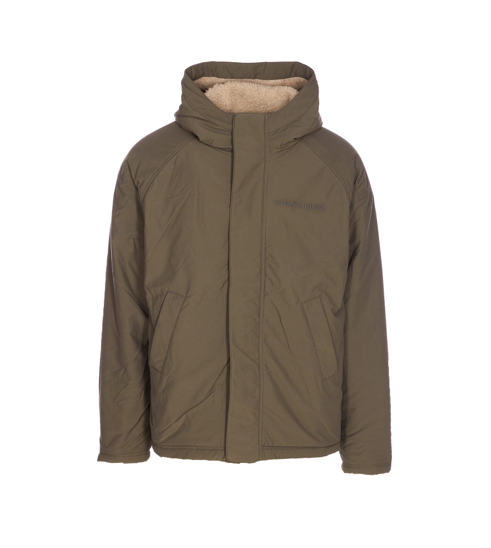 Canada Goose Hooded Shearling Effect Jacket With Contrast Panels In Brown
