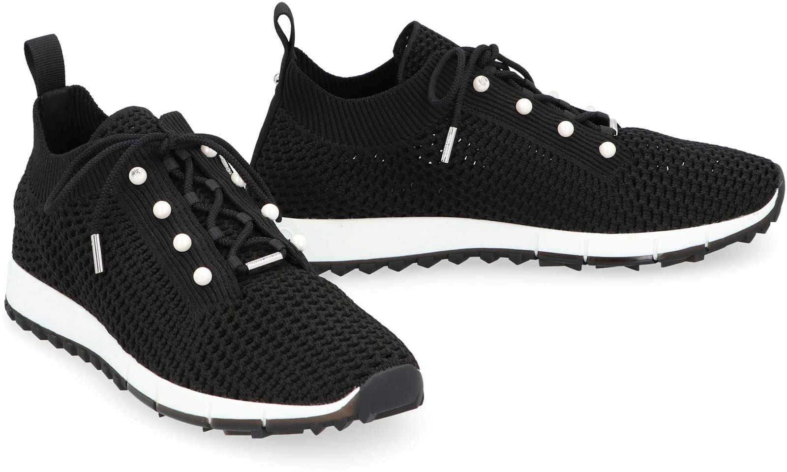 Jimmy Choo Cashmere Knit Sneakers Pearl Embellishments In Black