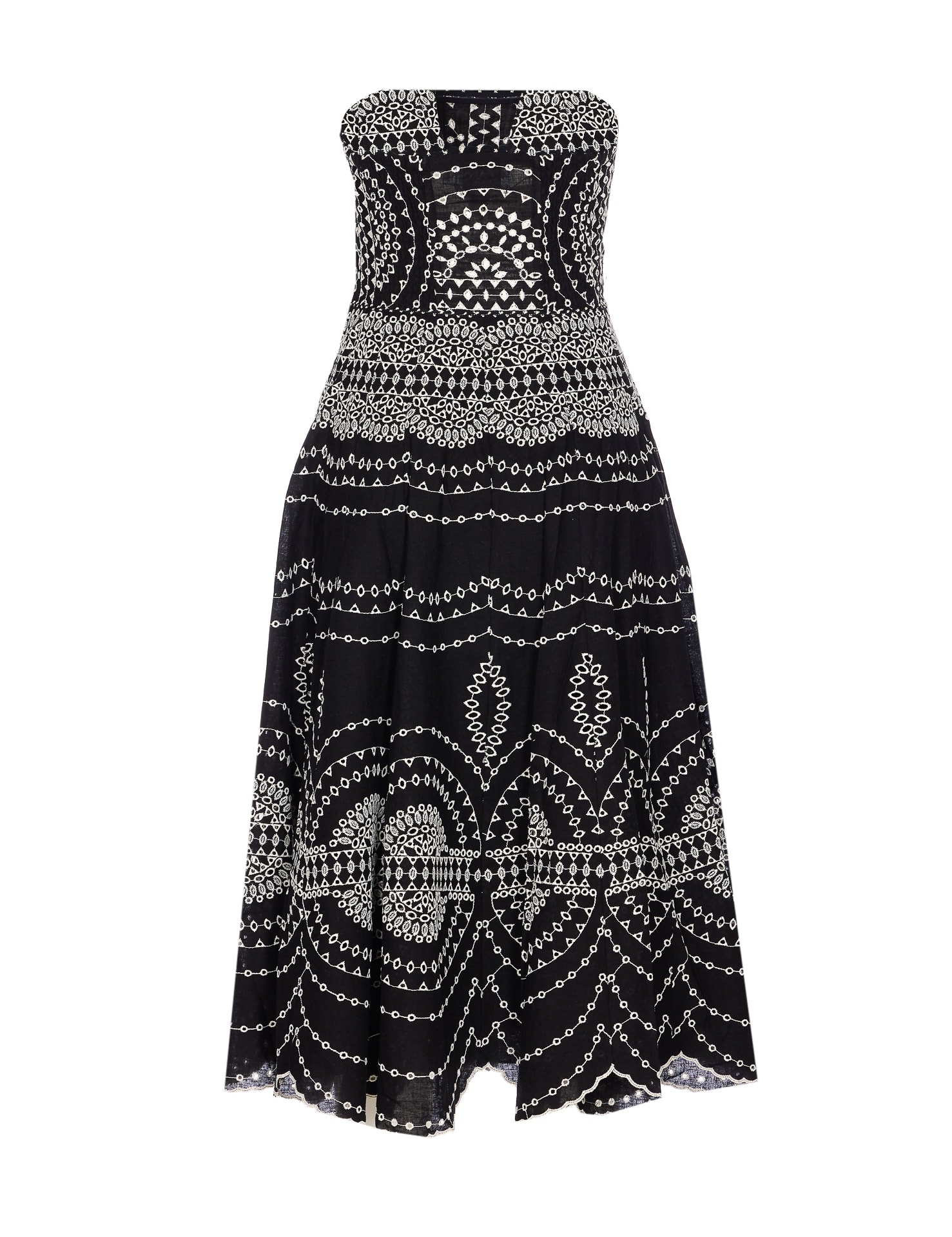 Charo Ruiz Iris Black Long Dress With All-over Embroideries And Ruffled Skirt In Cotton And Linen Blend Woman