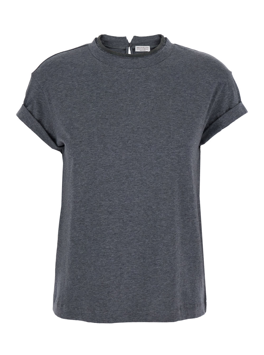 Brunello Cucinelli Grey Crewneck T-shirt With Monil Detail On The Collar And Rear Cut-out In Cotton Stretch Woman