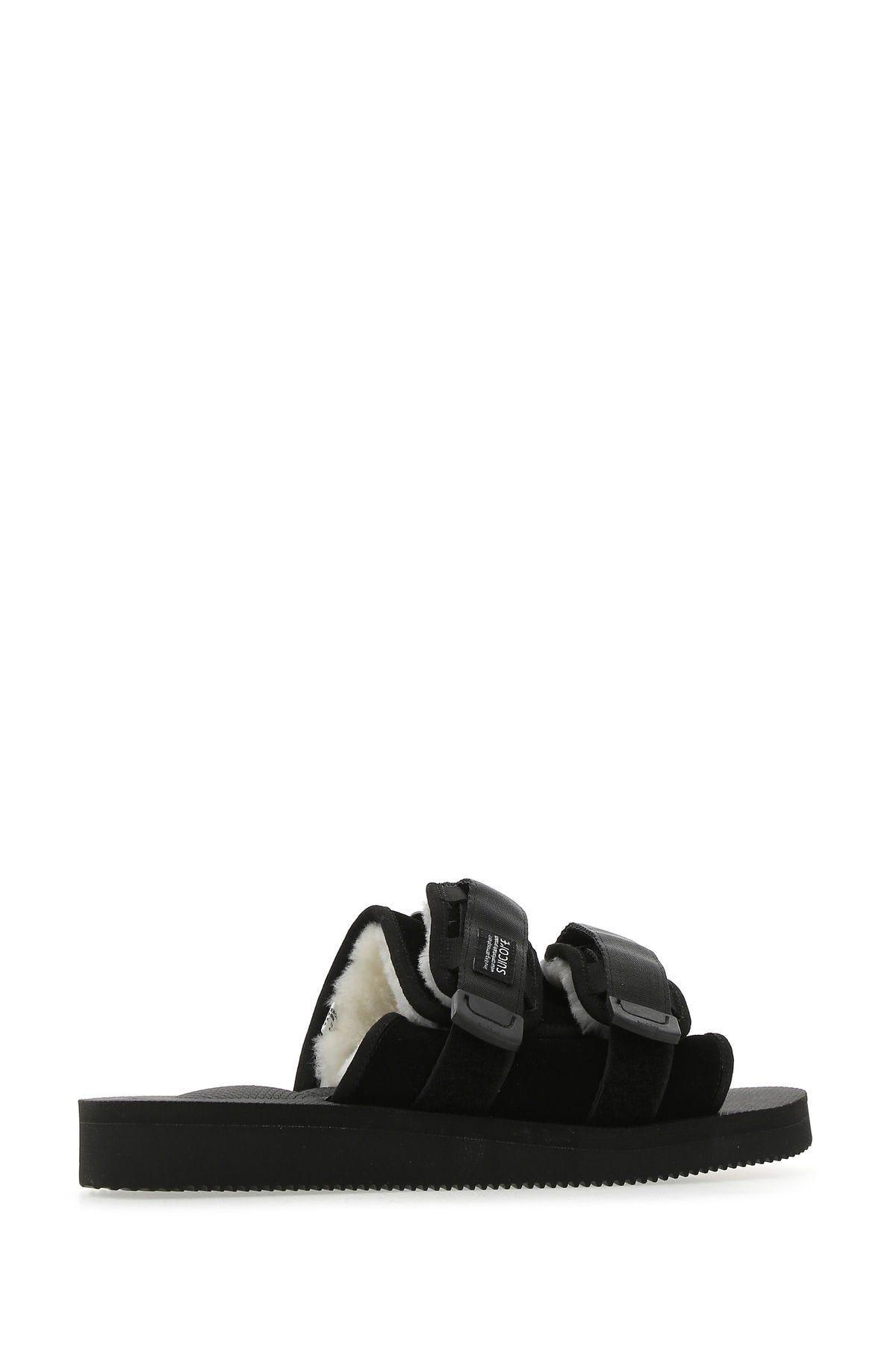 Shop Suicoke Black Suede Moto Slippers