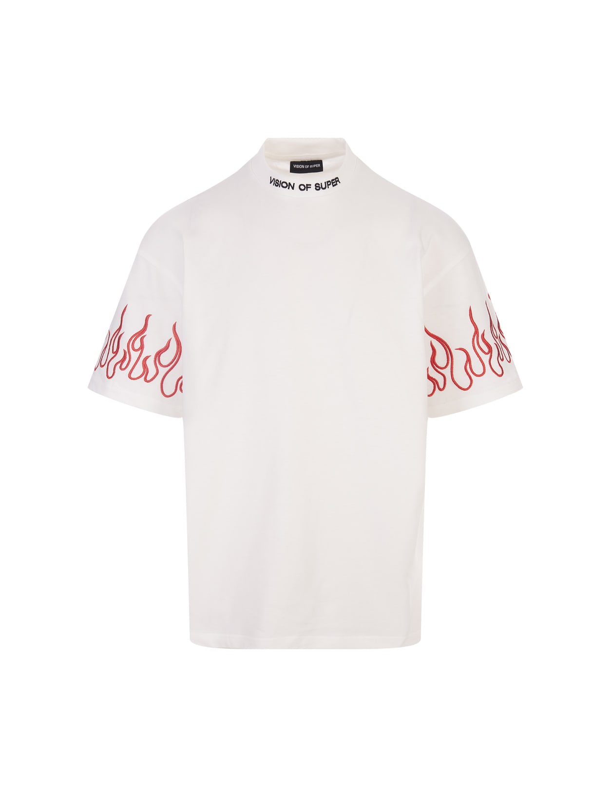 White T-shirt With Embroidered Red Flames