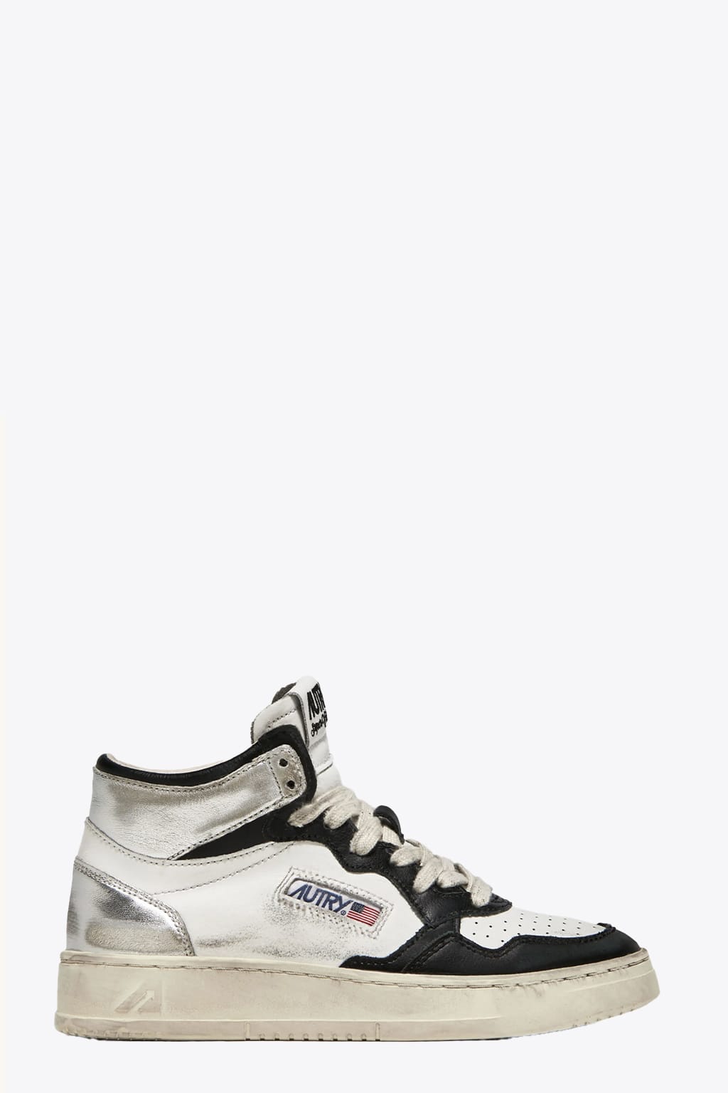 Autry Sup Vint Mid Wom Leat Wht/blk/sil White/silver/black distressed leather mid sneaker.