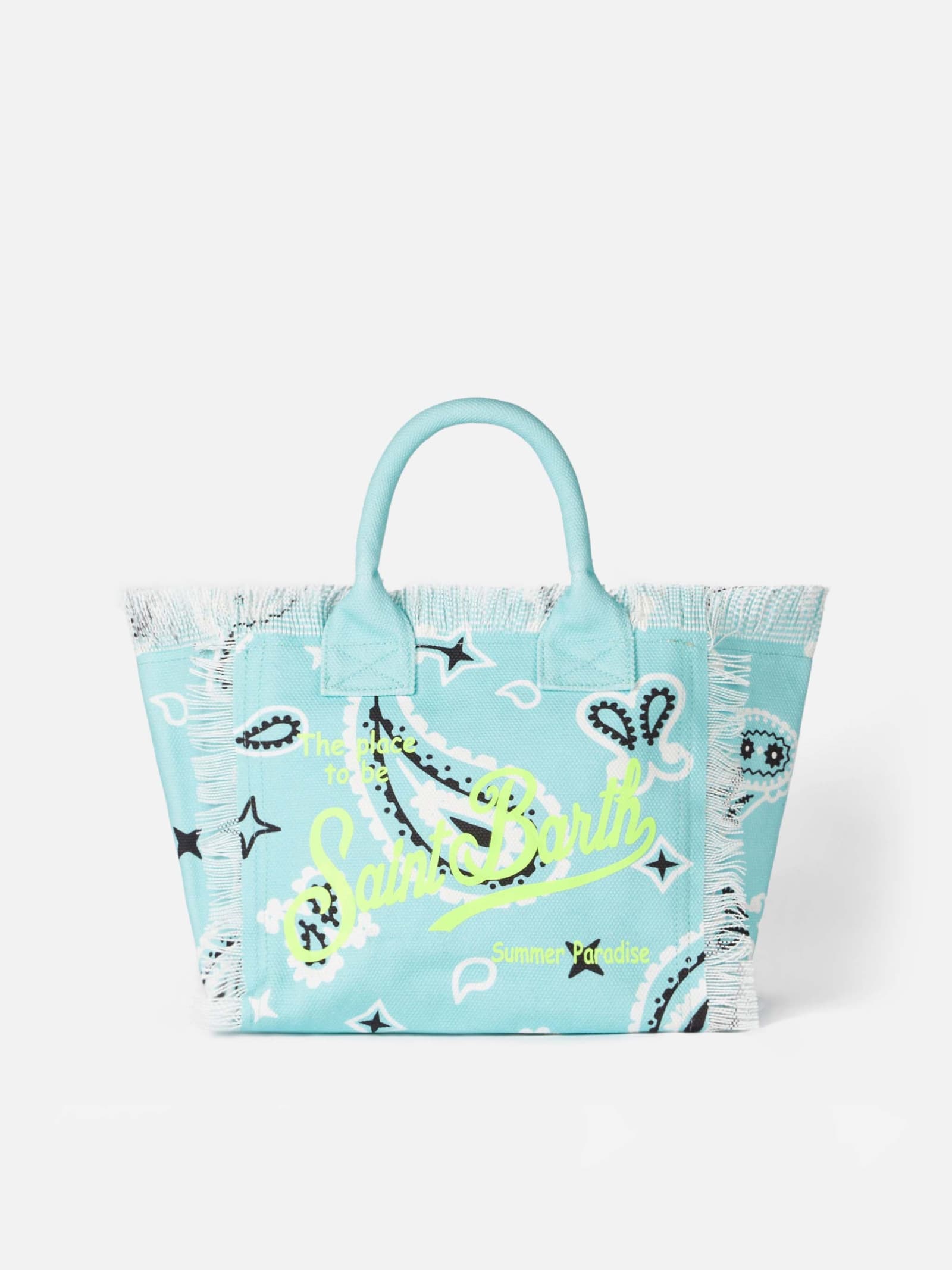 Mc2 Saint Barth Colette Water Green Cotton Canvas Handbag With Bandanna Print