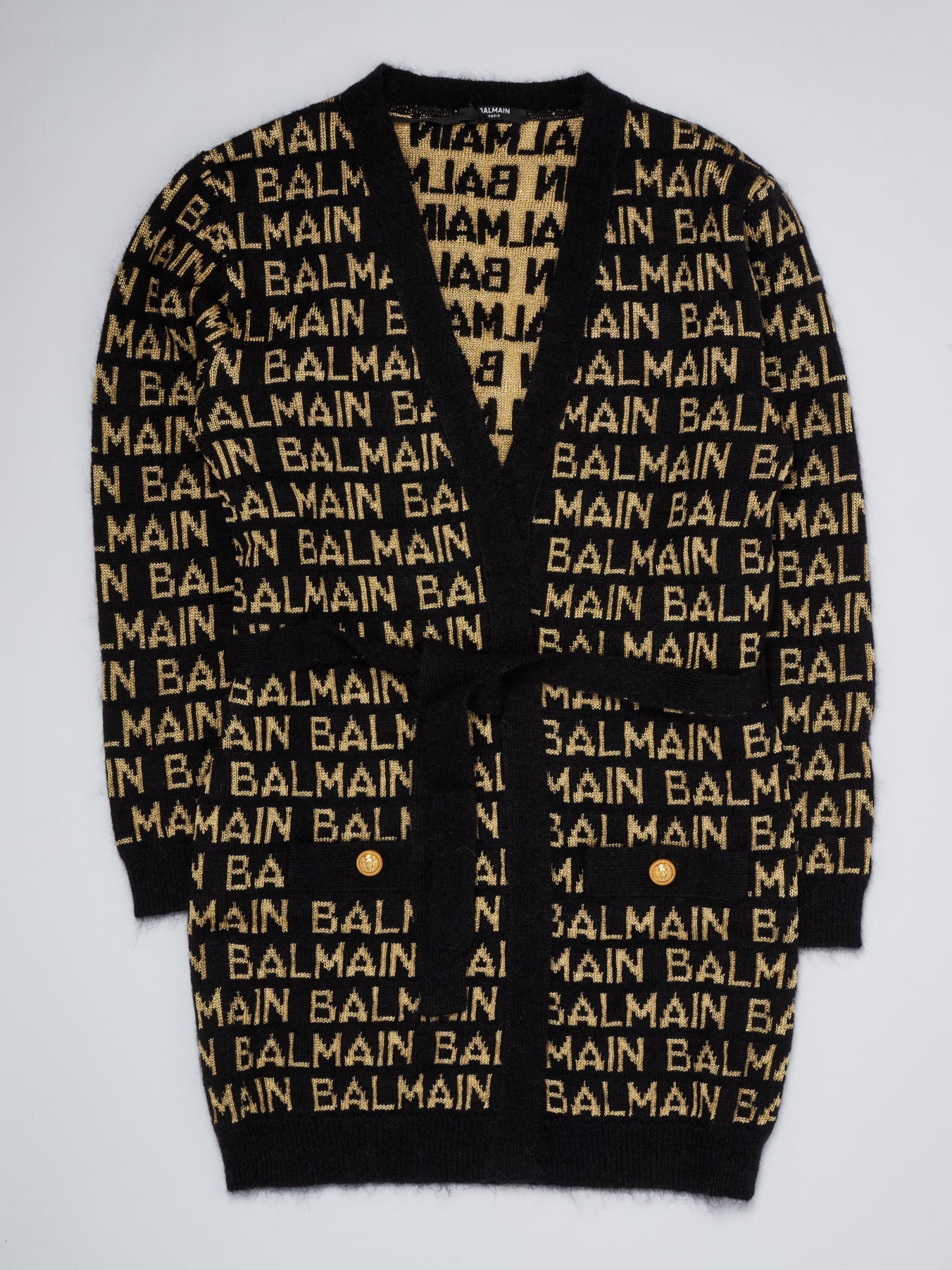 Balmain Intarsia-knit Long-sleeve Cardigan In Nero-oro