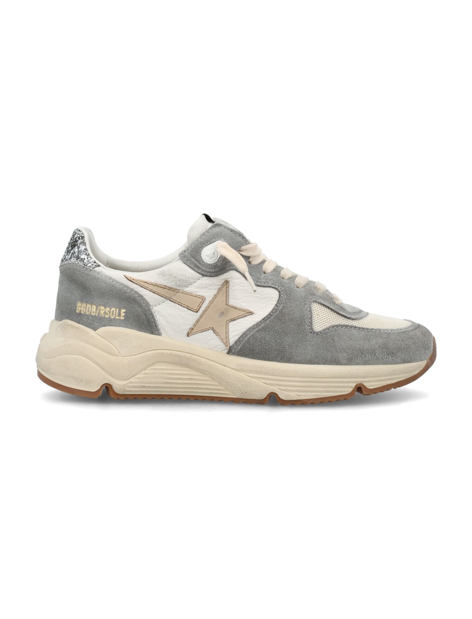 Golden Goose Running Sole Mixed Media Sneakers In Silver White Cream