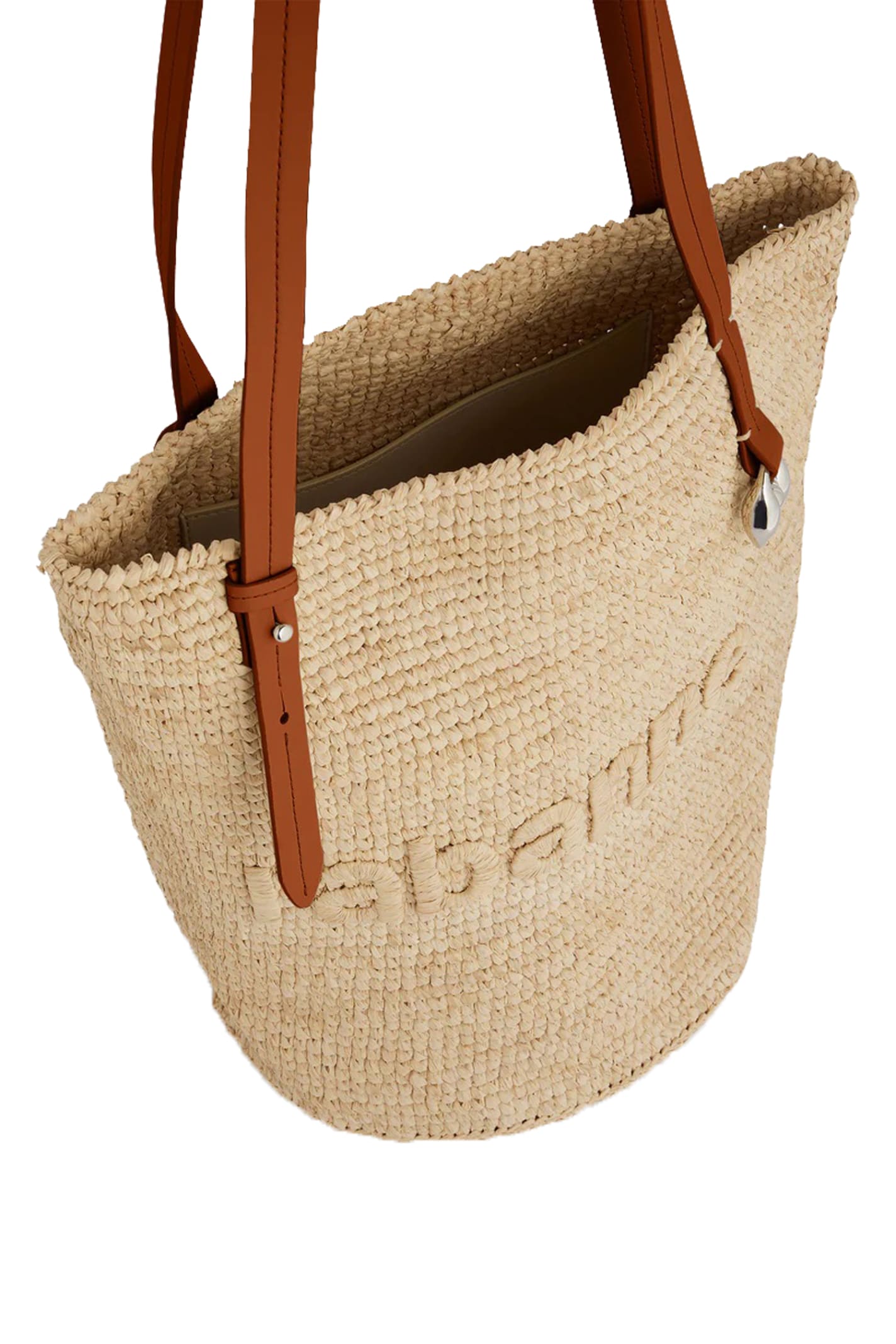 Shop Rabanne Logo Embroidered Woven Bucket Bag In Shiny Beige